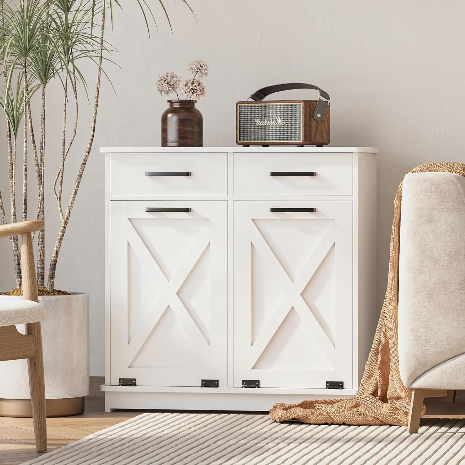 White Double Tilt Out Laundry Hamper Cabinet Laundry Basket Cabinet Hidden Laundry Hamper with 2 Drawers & 2 Baskets for Bathroom,30x30x16in（Barn Door Panel）