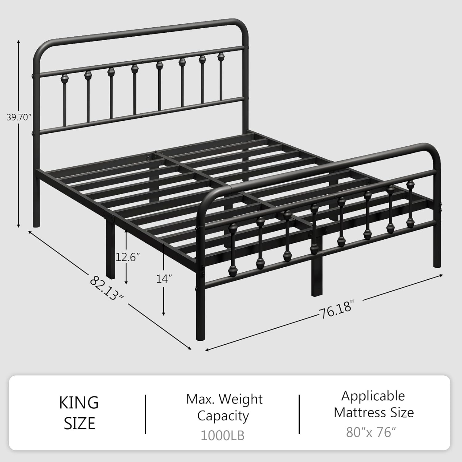 zunatu King Size Metal Platform Bed Frame/Victorian Style Headboard and Footboard/Steel Slat Support/Easy Assembly/No Box Spring Needed/Underbed Storage/Noise Free/Black