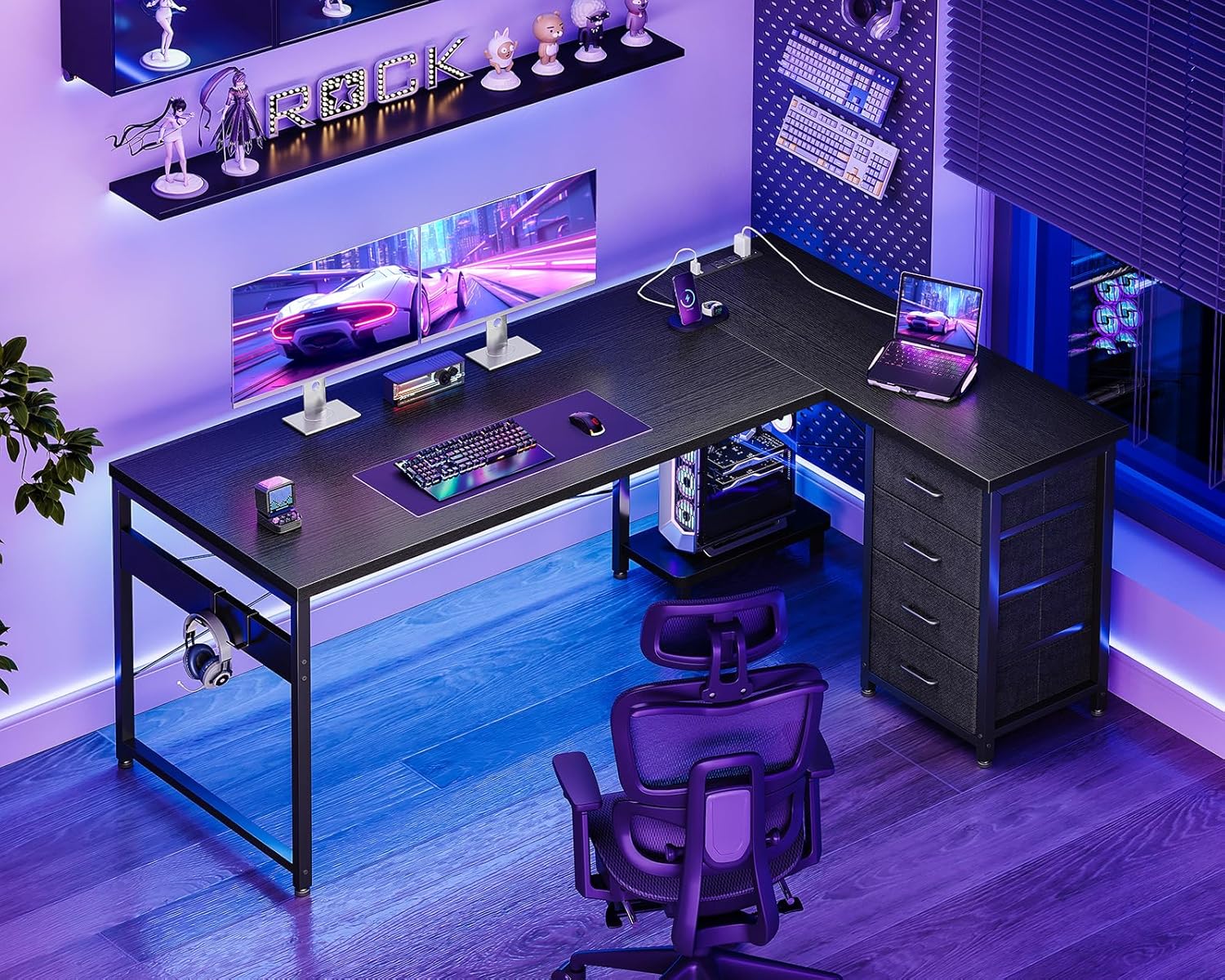 AODK L Shaped Gaming Desk with 4 Drawers, 61