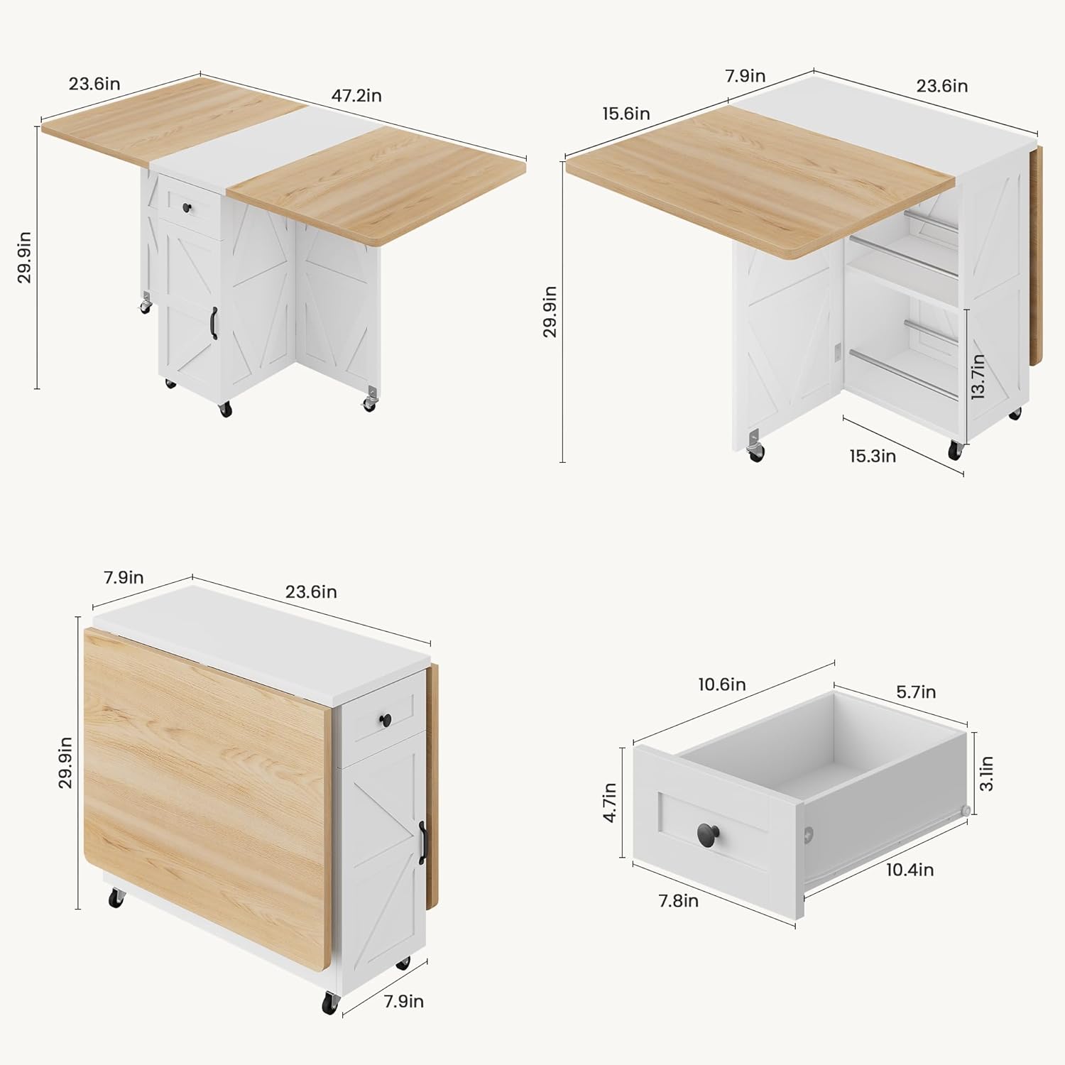 Folding Dining Table for Small Spaces, Space Saving Foldable Kitchen Table with Drawer & Storage Shelf, Rolling Drop Leaf Dining Table with Wheels for Dining Room (Natual 47.2