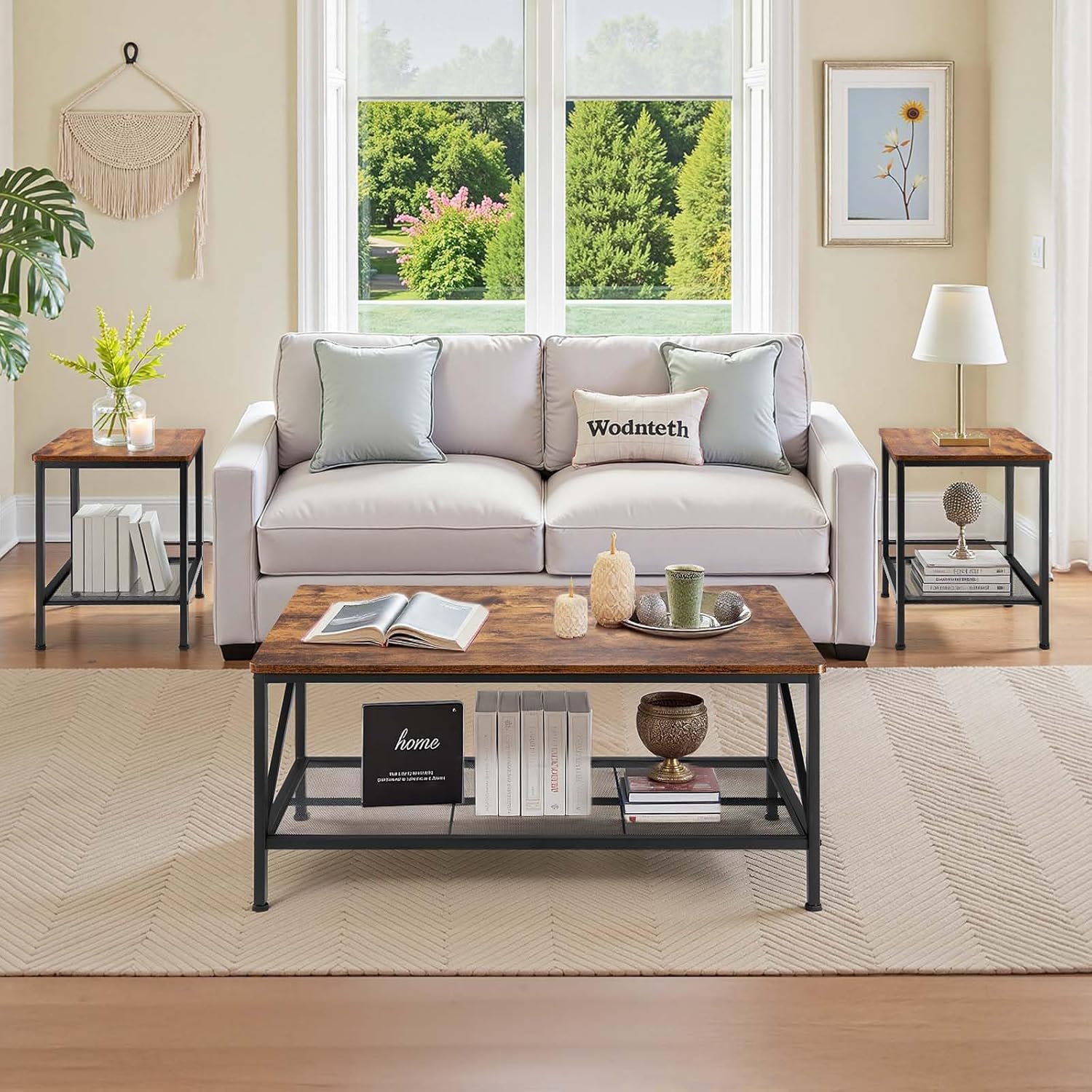 VEVOR 3 Pieces Living Room Table Sets, 41.3 in Industrial Coffee Table with 2 Square End Side Tables, Easy Assembly Coffee and End Tables Sets with Metal Legs, for Office, Living Room & Apartment
