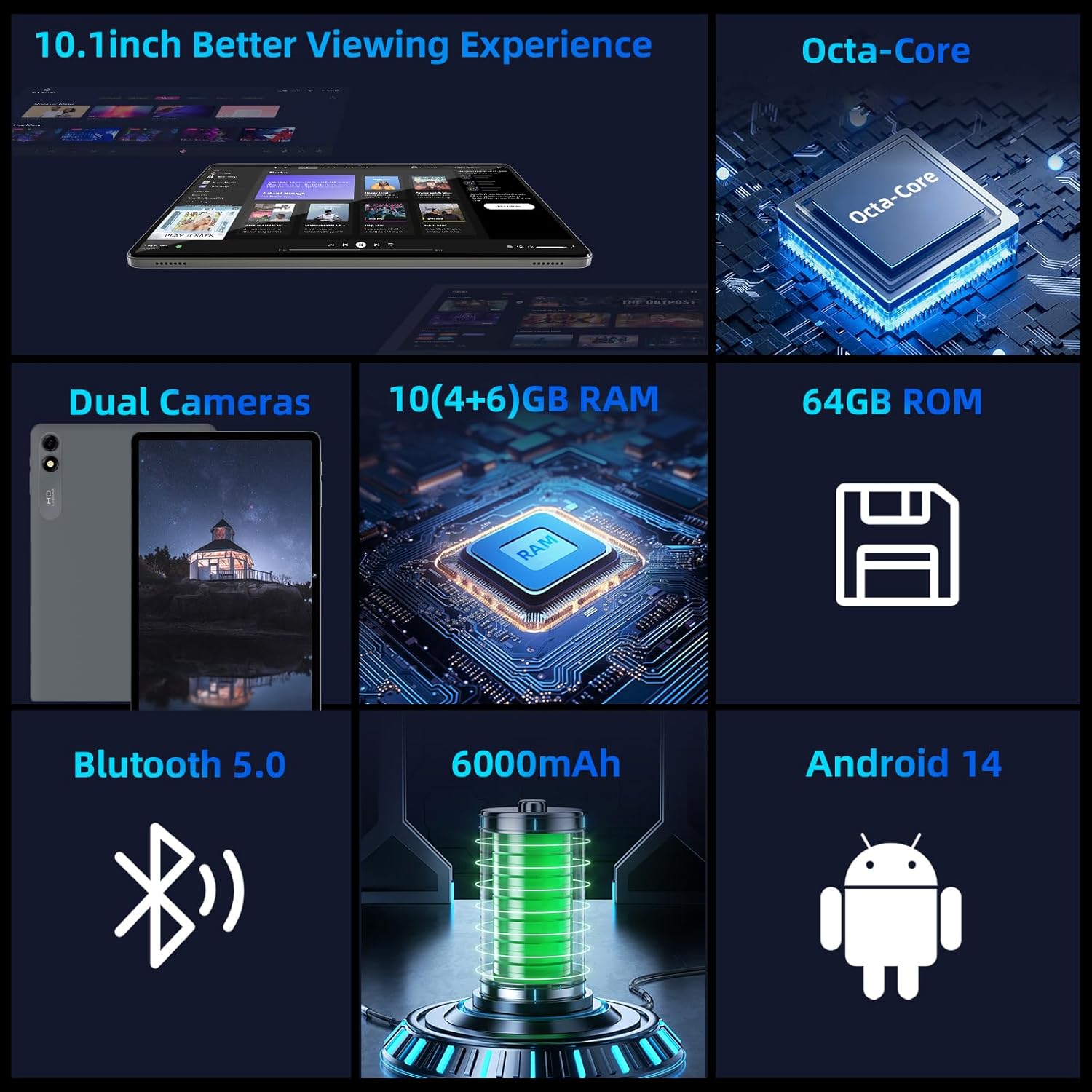 TUOHAITIME Android 15 Tablet,10 inch Tablets, Octa Core CPU, 24GB+64GB+512GB Expansion, 1280x800 Display Screen, Wi-Fi6, Dual Cameras, 6000mAh Battery,Support Widevine L1 Google Kids Space, Blue
