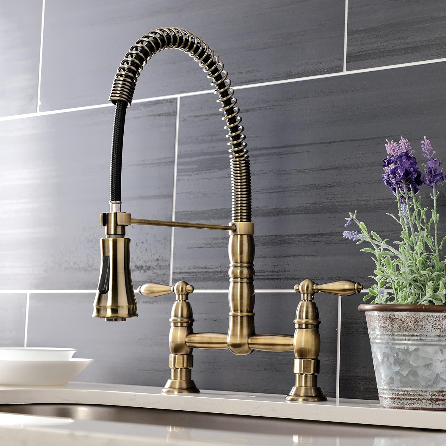 Kingston Brass GS1273AL Heritage Pull-Down Sprayer Kitchen Faucet, Antique Brass, 14.13 x 10 x 18.75