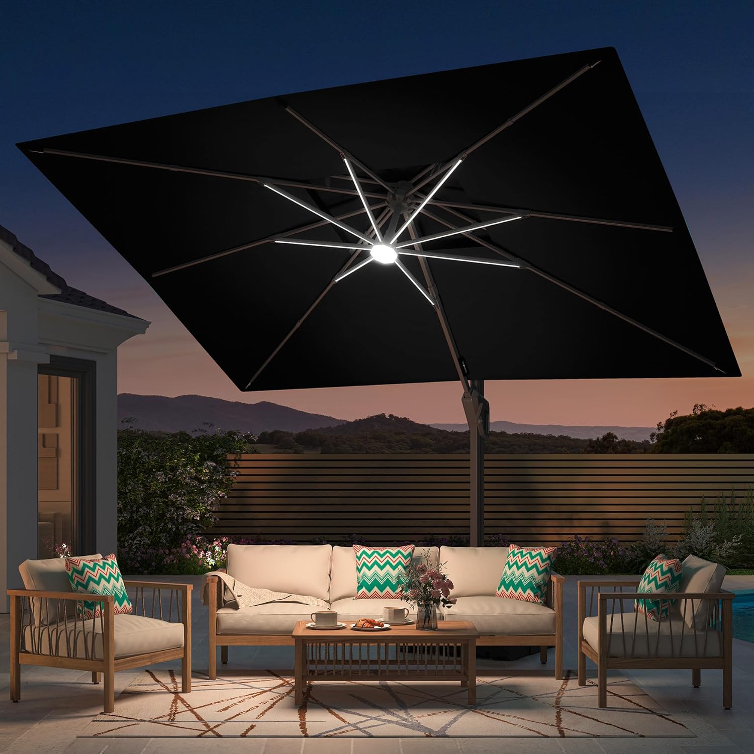 Deconk 10' X 13' Patio Umbrella with LED Lights Outdoor Cantilever Large Rectangle Offset Umbrellas Heavy Duty Aluminum Double Top with 360-degree Rotation for Pool Garden Deck, Black