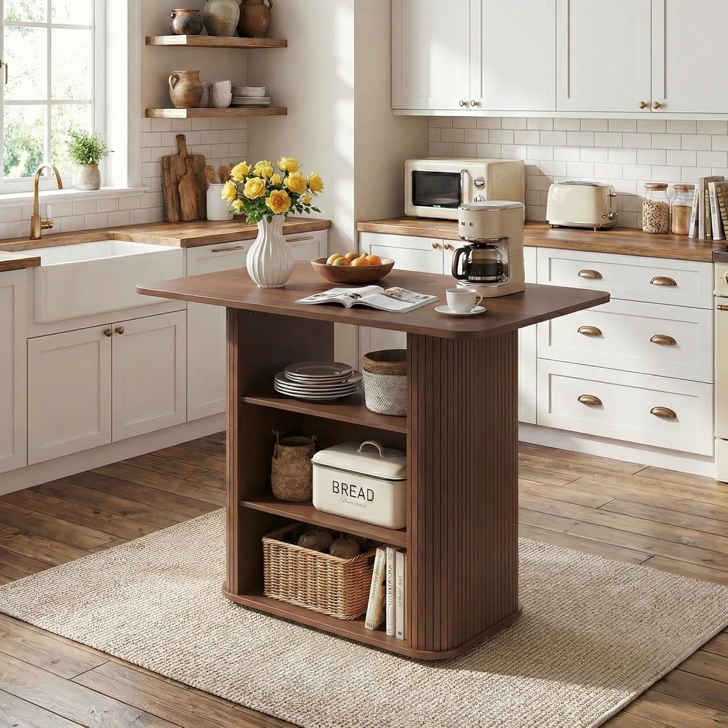 FUQARHY Kitchen Island with Storage, 3-Tier Farmhouse Small Counter Height Island Table, Rustic Wood Coffee Bar Table for Dining Room Kitchen