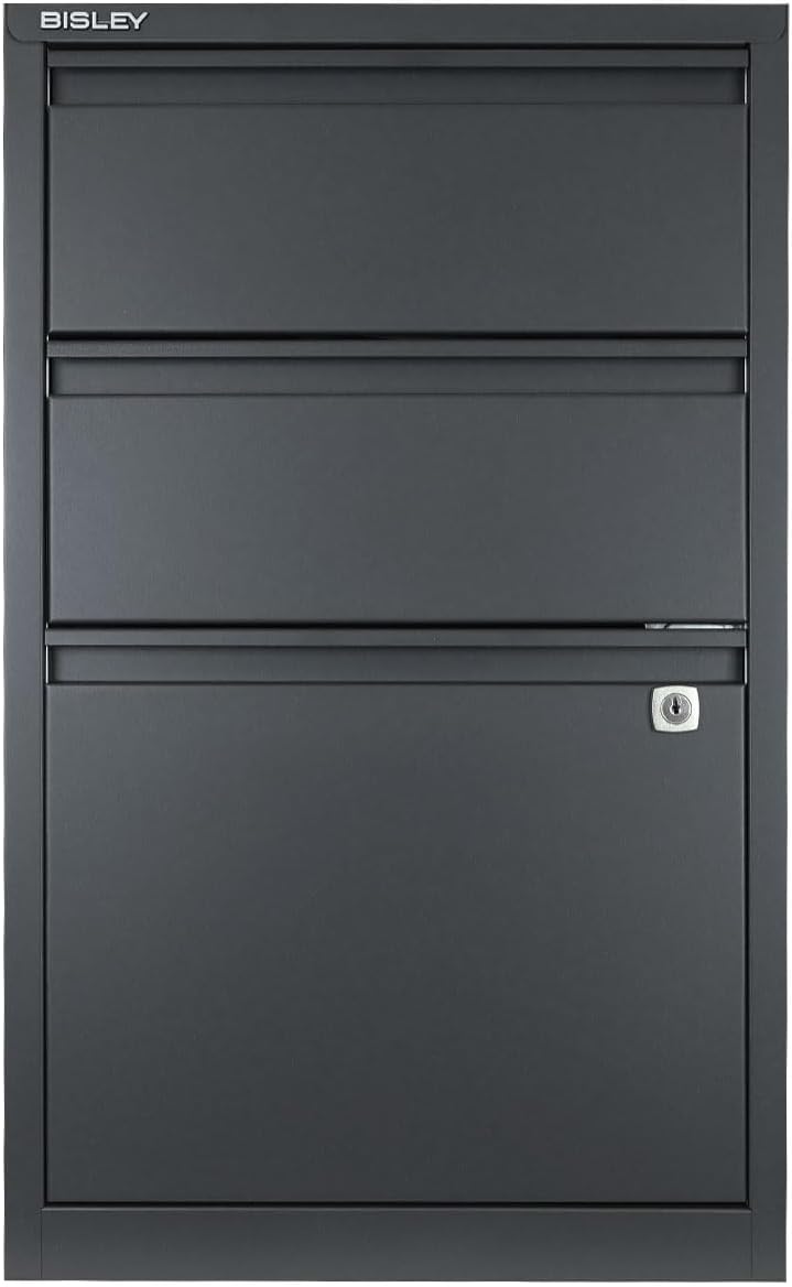 Bisley 3-Drawer Flush Front Vertical File Cabinet - Anthracite Grey, 2 Utility Drawers + 1 Hanging File Drawer, Powder-Coated Steel, Locking Bottom Drawer