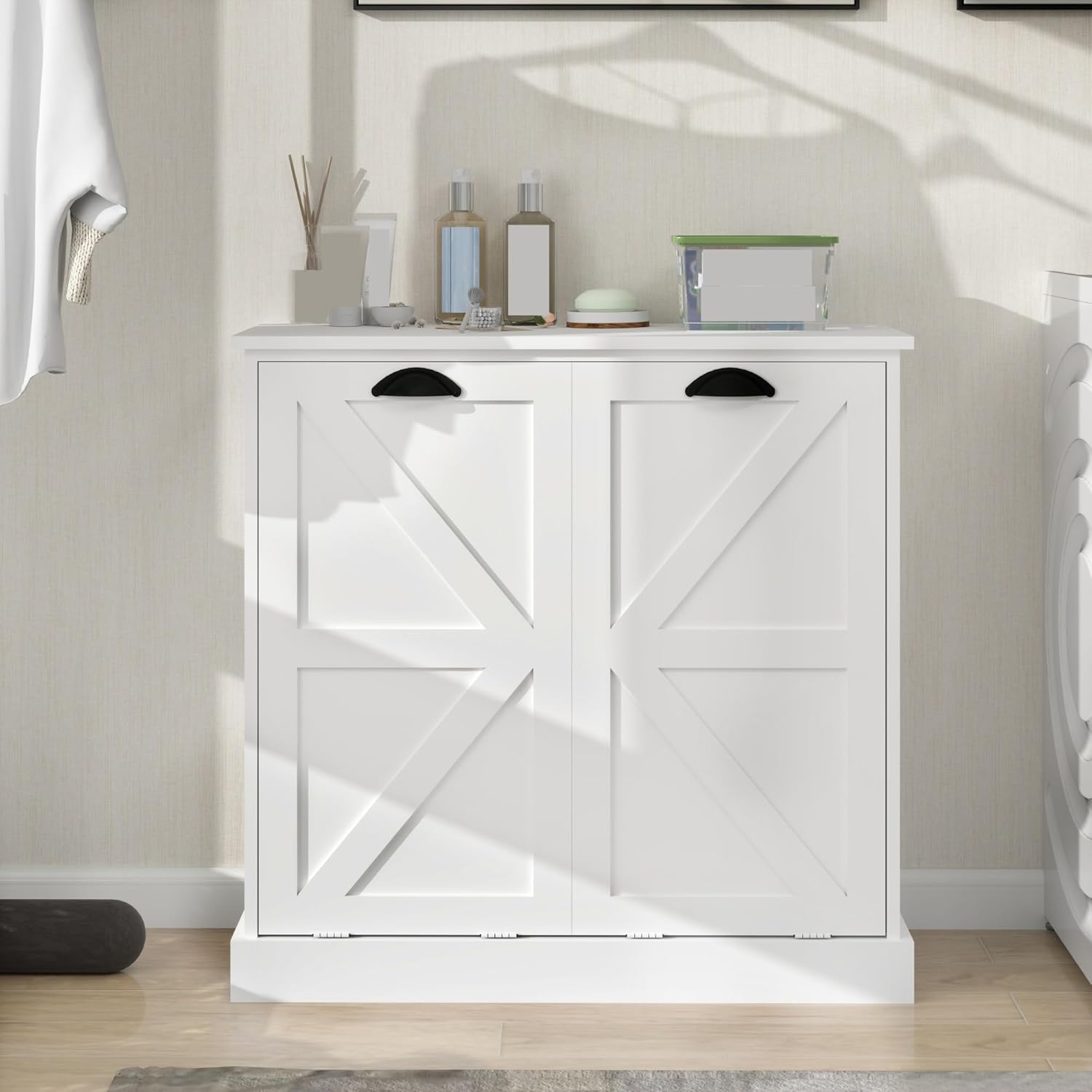 Modern Contemporary Laundry Sorter Cabinet, Two-Compartment Tilt-Out, for Bathroom Living Room Hallway