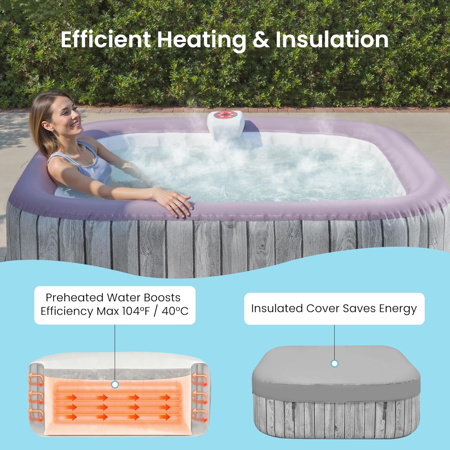 4-6 Person Inflatable Hot Tub, Portable Outdoor Spa with 130 Air Jets, Circulation Heating & Filter System, PVC Blow Up Tub for Backyard & Patio (Square)