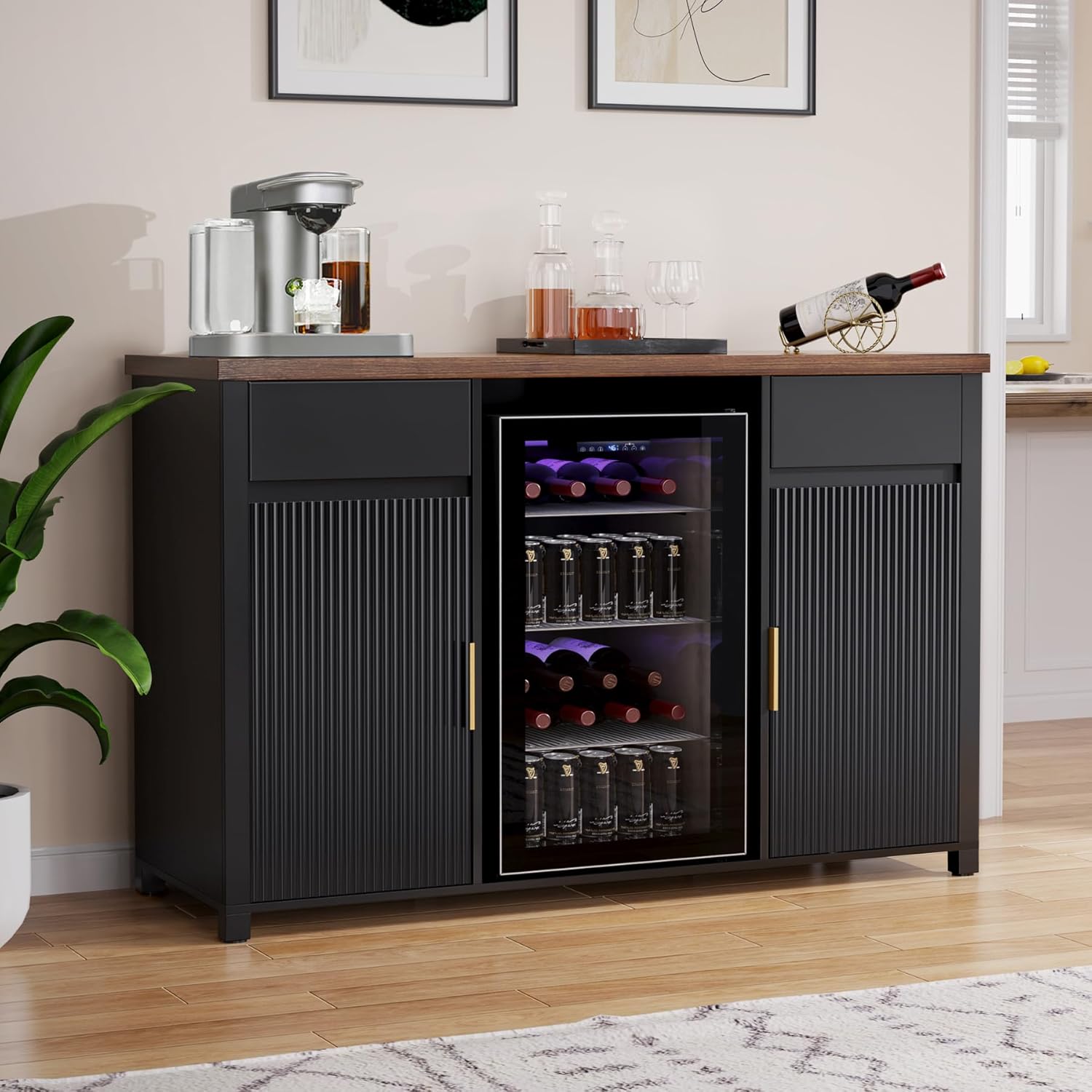 GDLF Large Coffee Bar Cabinet with Fridge Space, Mini Fridge Cabinet with Wine Storage, Buffet Sideboard Table for Home, Fluted Modern Design,53.2