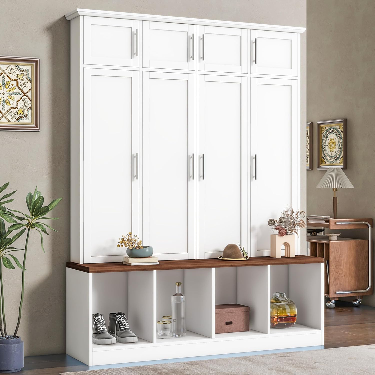 Versatile Hall Tree with 4 Hanging Hooks and Brown Wood Grain Bench,Entryway Cabinet with Open Compartments,for Hallway Entrance Mudroom Living Room (White#Storage)