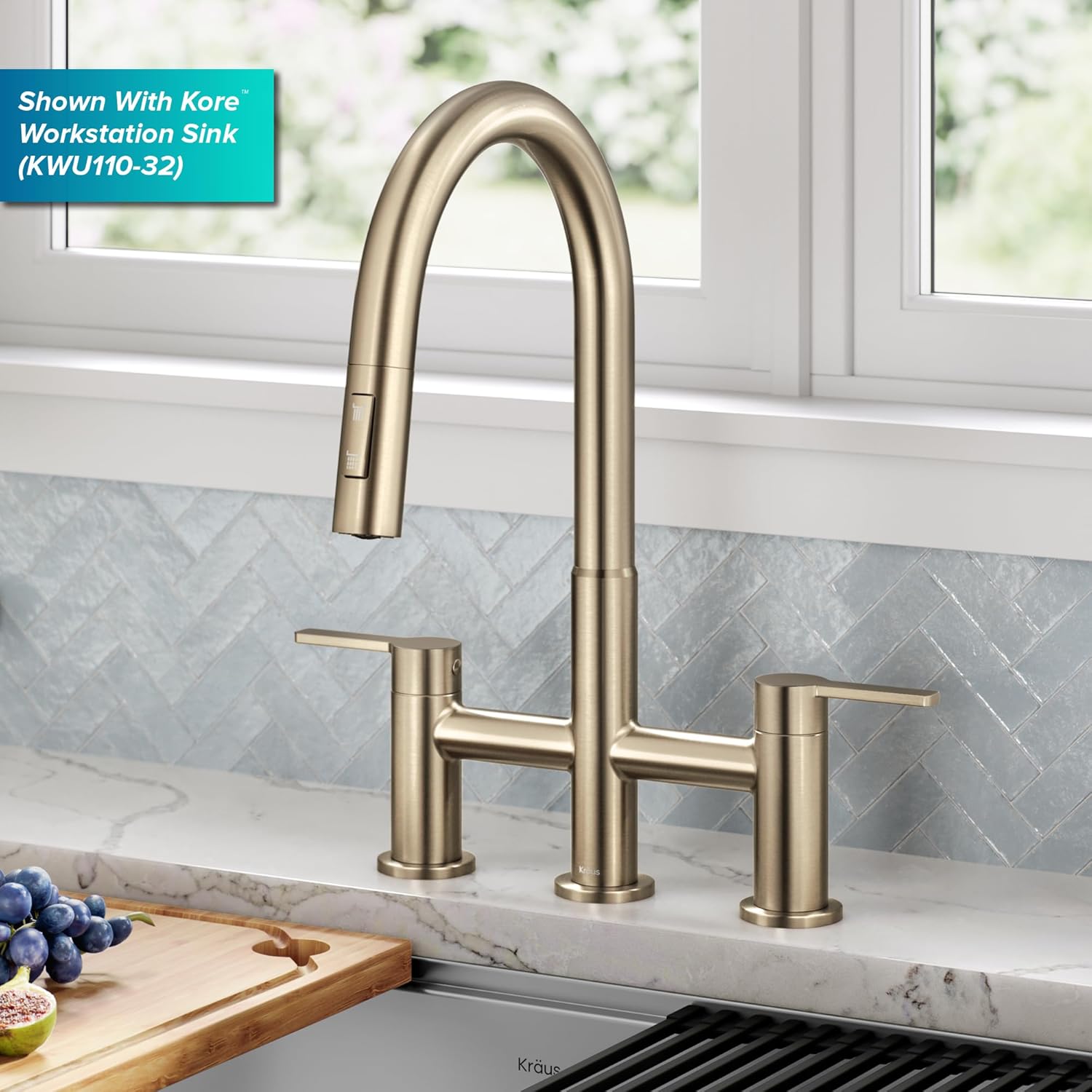 KRAUS Oletto Bridge Kitchen Faucet with Pull-Down Sprayhead in Spot-Free Antique Champagne Bronze, KPF-3122SFACB