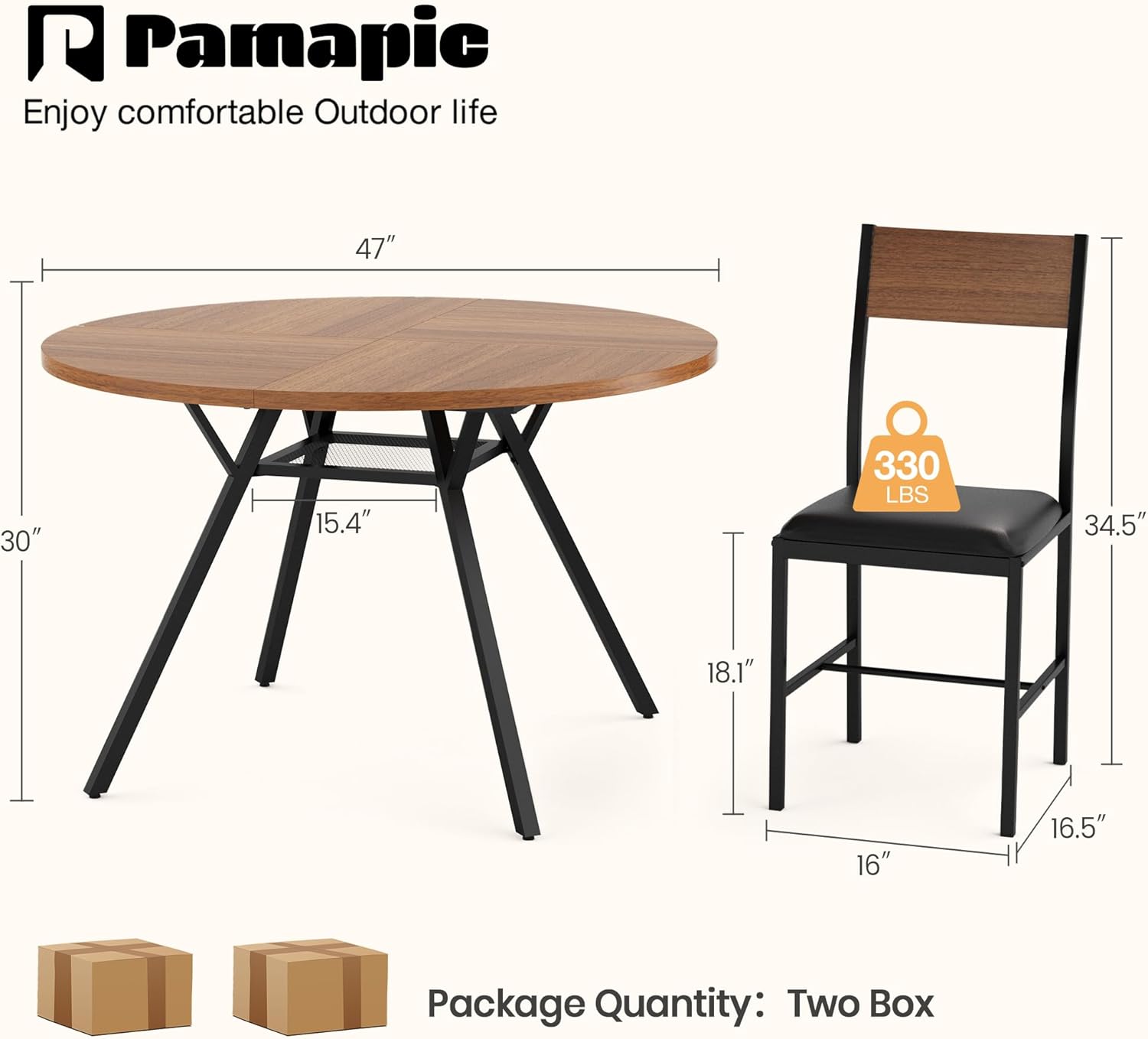 Pamapic 47'' Round Dining Table Set for 6, Kitchen Table and Chairs for 6, Dining Room Circle Dinner Pedestal Table, Solid Metal Frame,Space Saving Wood Small Kitchen & Dining Room Furniture,Walnut