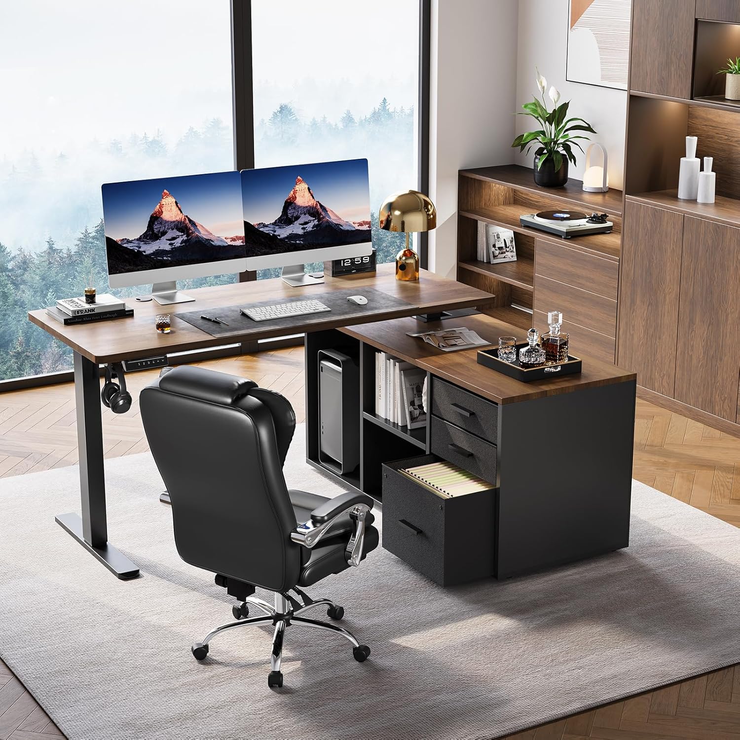 HUANUO 55 Inch L Shaped Standing Desk with Drawers, Electric Executive Desk with File Cabinet Sets, Adjustable Height Stand Up Desk, Home Office Computer Desk with 4 Memory Presets, Walnut