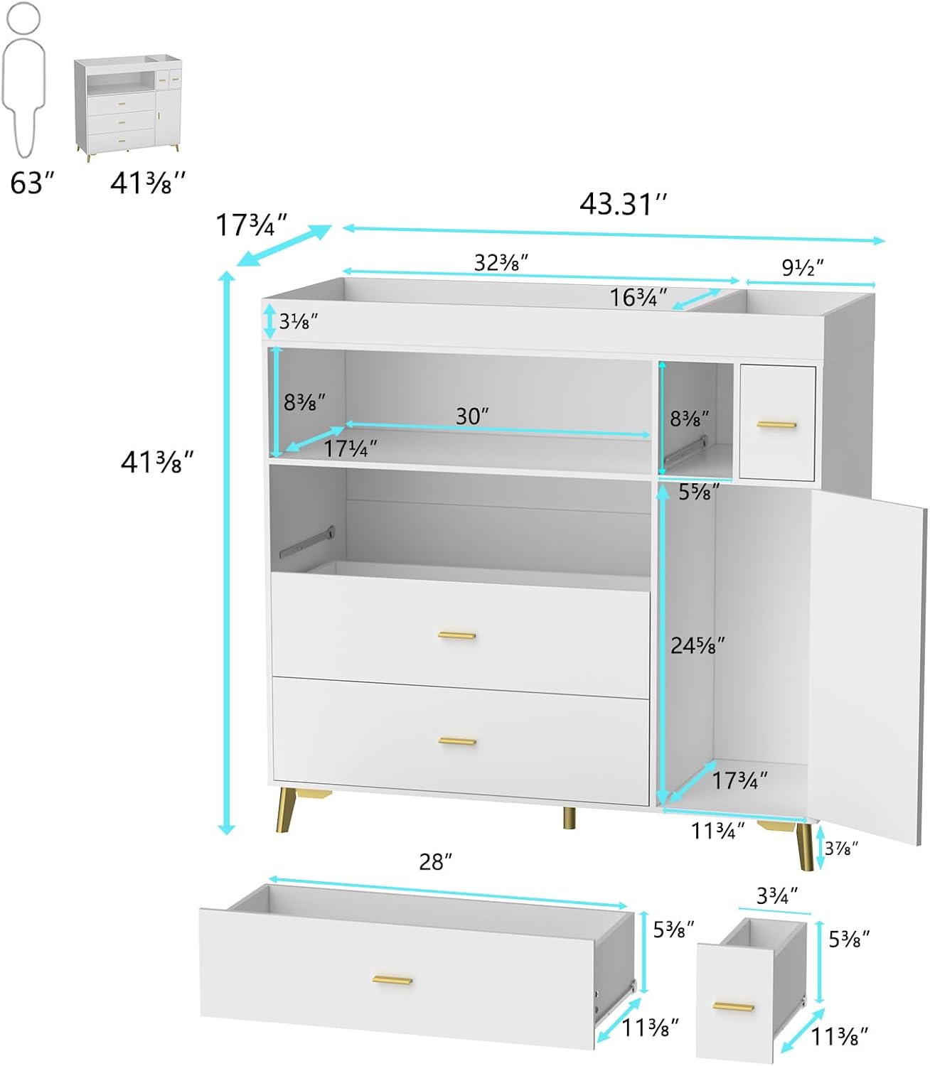 PAKASEPT Changing Table with Drawers, Changing Table Dresser with 5 Drawer & Cabinet