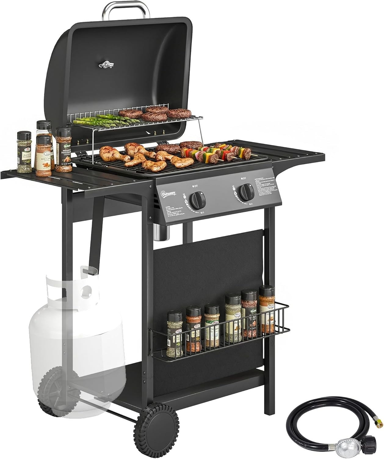 Outsunny 2 Burner Propane Gas Grill, 18000 BTU BBQ Grill with Wheels, Warming Rack, Side Tables, Shelf, Thermometer, Grease Cup, Outdoor Barbeque for Outdoor Backyard Patio, Black