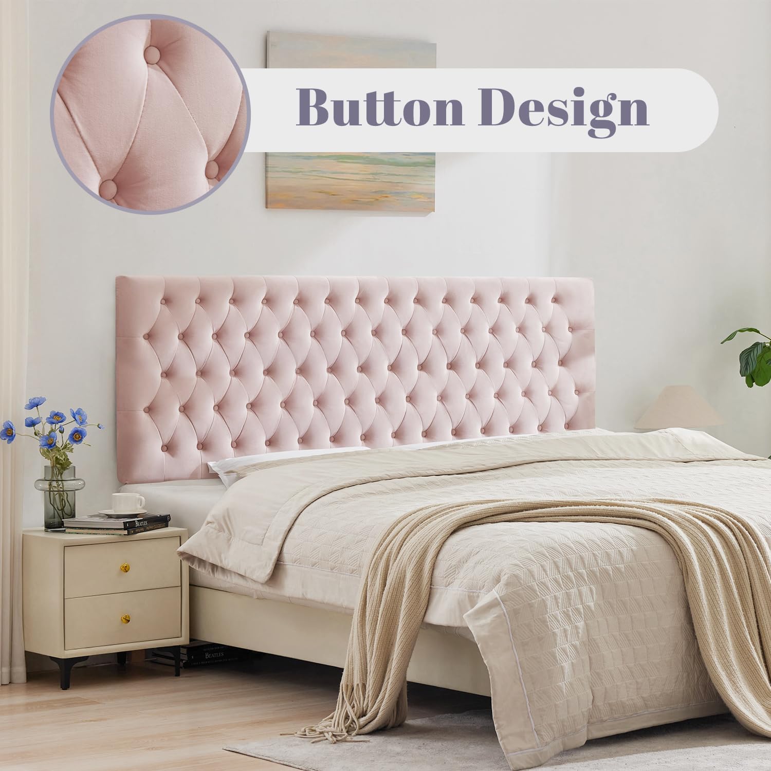 Kingfun Upholstered King Headboard Only, Premium Velvet Button Tufted Headboards, Adjustable Solid Wood Head Board, Padded Headboard with Solid Wood Legs in Bedroom (Pink)