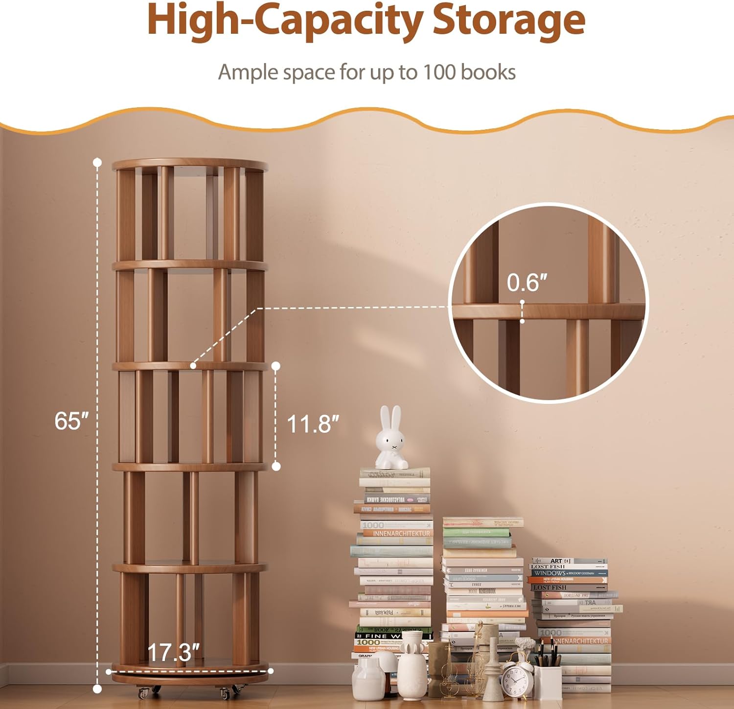 Muwuele Solid Wood Rotating Bookshelf on Wheels, 5 Tier, Round Revolving Bookcase, 360° Spinning Book Shelf Tower for Kids, Narrow Rolling Bookshelves for Small Space, Corner, Bedroom, Office, Walnut
