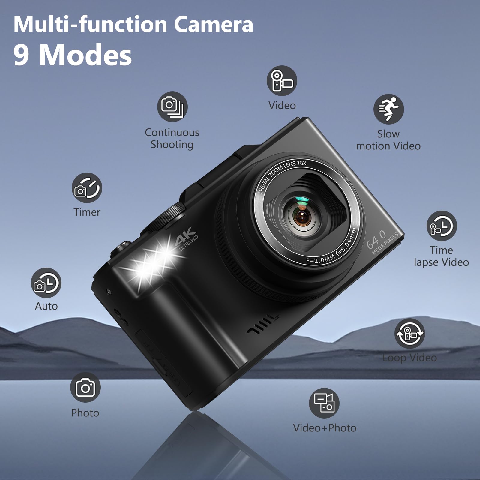 VJIANGER 4K Digital Camera, 64MP Vlogging Cam with 18X Zoom