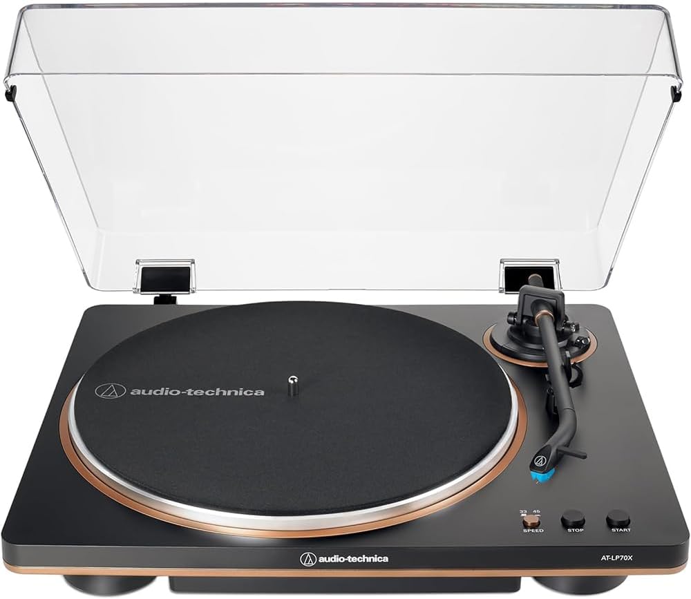 Audio-Technica AT-LP70X-BZ Fully Automatic Belt-Drive Turntable, Black/Bronze Bundle with AT-SP3X Bookshelf Speakers and Deco Gear CPS 26 Month Protection Pack (Beach-CPS- 26500)