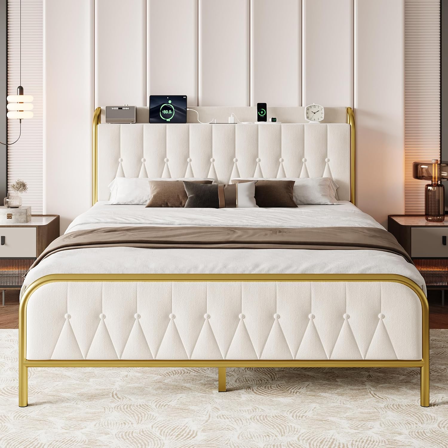 iPormis Full Size Metal Bed Frame with Charging Station, Velvet Upholstered Headboard and Footboard, Heavy Duty Steel Support, 12