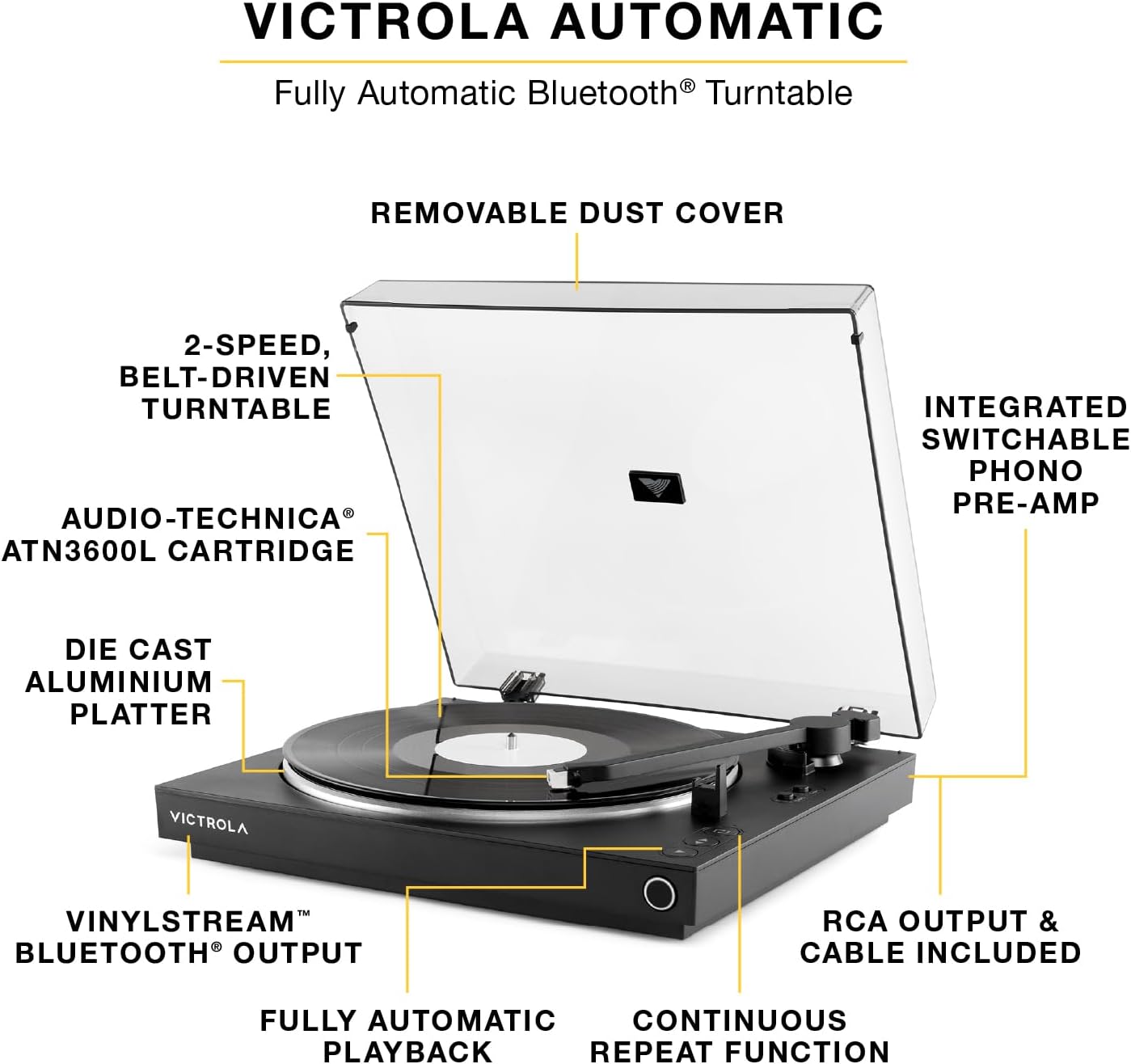 Victrola Fully Automatic Bluetooth Turntable w Audio Technica ATN3600L Cartridge, Automatic Repeat Function, 2-Speed Vinyl Record Player, Wireless Bluetooth Streaming, Preamp & Aluminum Platter Green