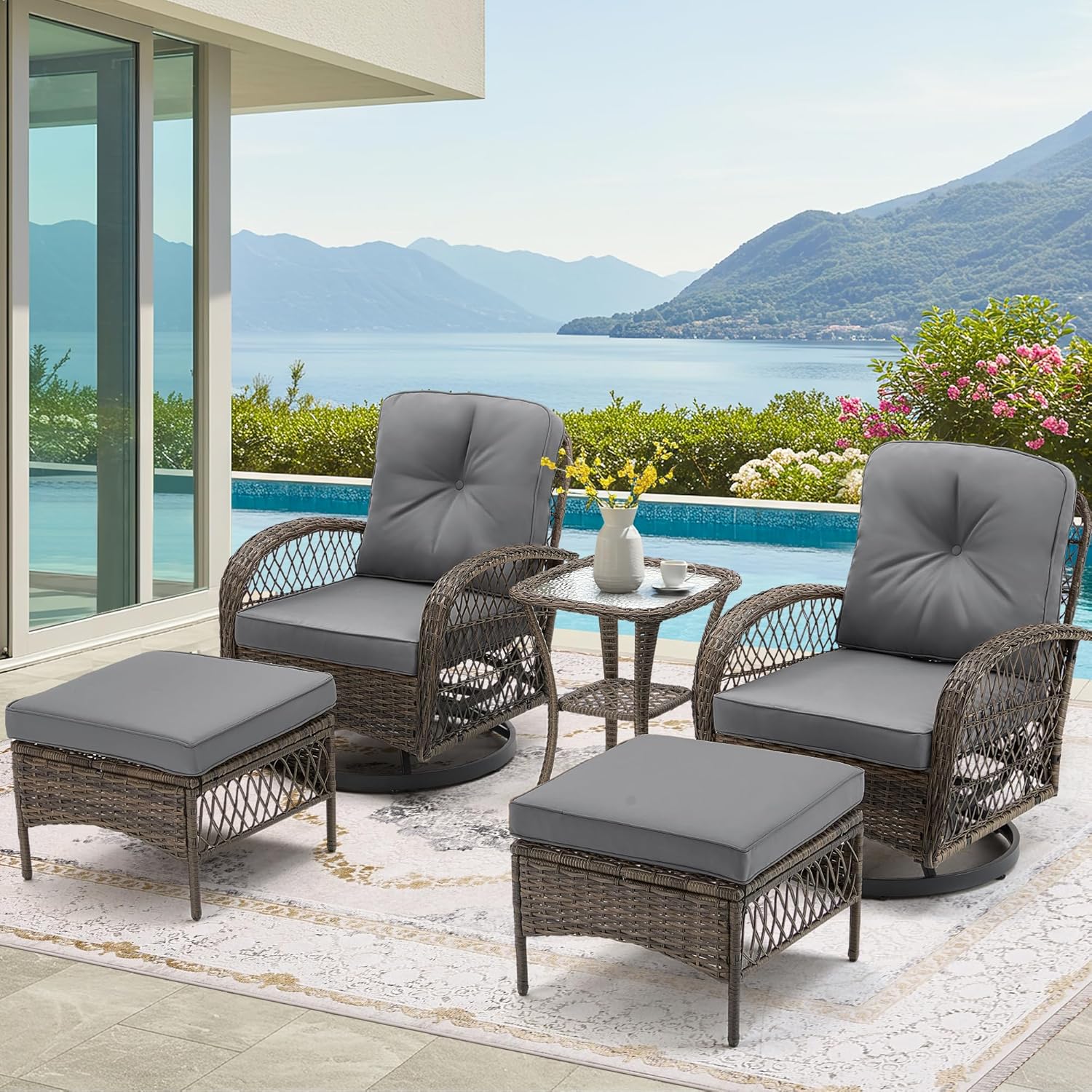 EROMMY 5 Pieces Outdoor Swivel Rocker Patio Chairs, 360 Degree Rocking Patio Conversation Set with Thickened Cushions, Glass Coffee Table and Ottomans for Backyard, Gray