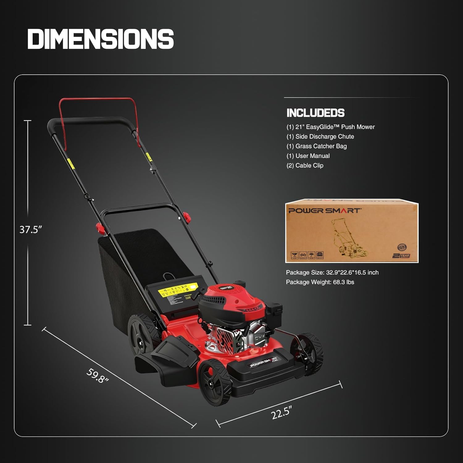 PowerSmart Gas Push Lawn Mower 21-inch 144cc 4-Stroke Engine with Easy Adjustable Cutting Height, High Wheels, 3-in-1 Mulch/Bag/Side Discharge, 6 Height Adjustment