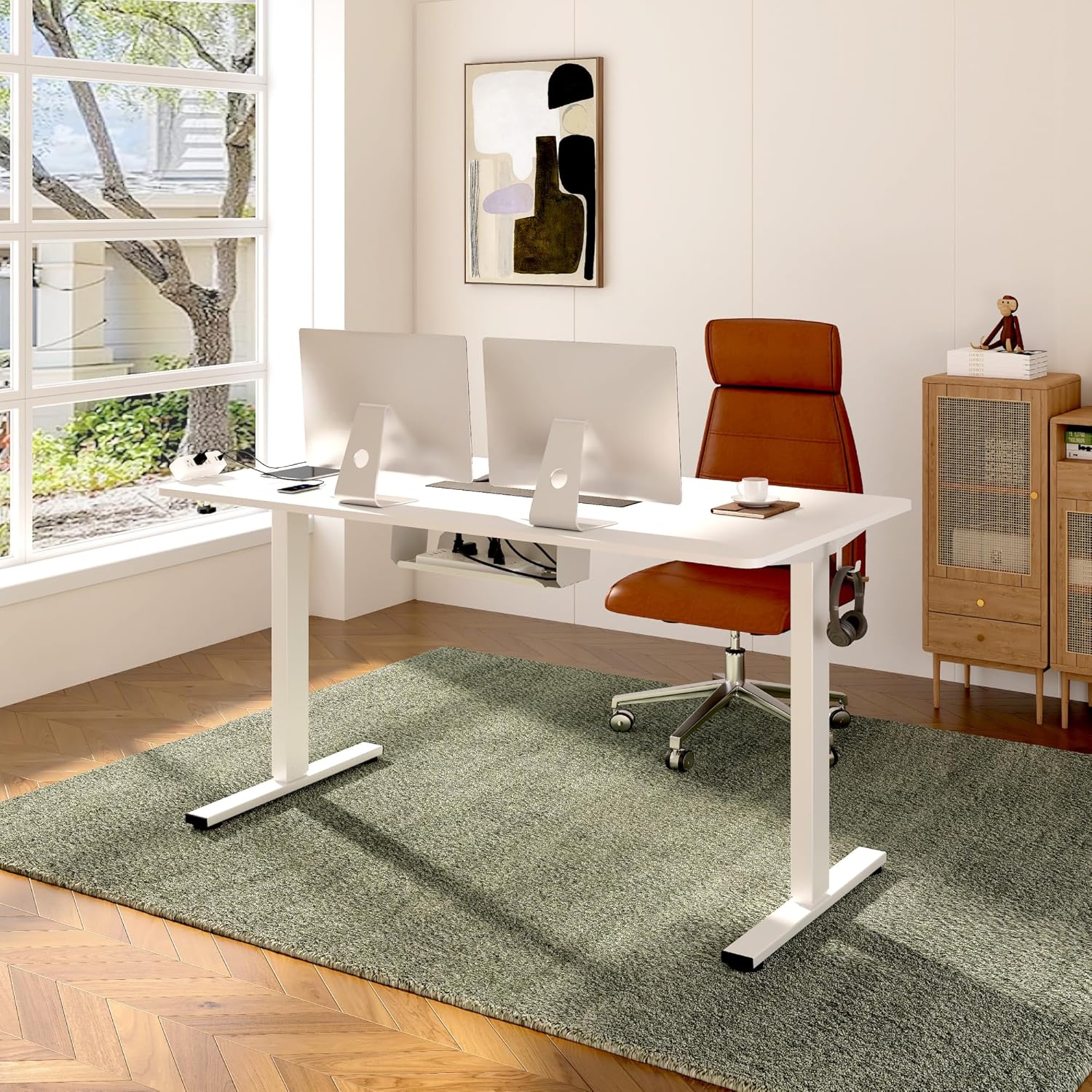 FLEXISPOT EN2 Whole-Piece Standing Desk with Clamp Power Strip, 48x24 Electric Stand Up Height Adjustable Desk with Cable Management (White Frame + 48