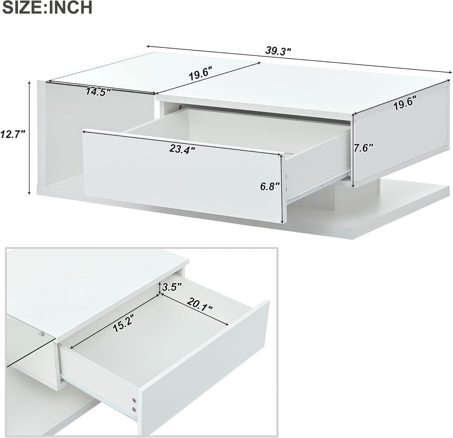 Modern Coffee Table with Tempered Glass, Wooden Cocktail Table with High-Gloss UV Surface, Modernist 2-Tier Rectangle Center Table for Living Room, White