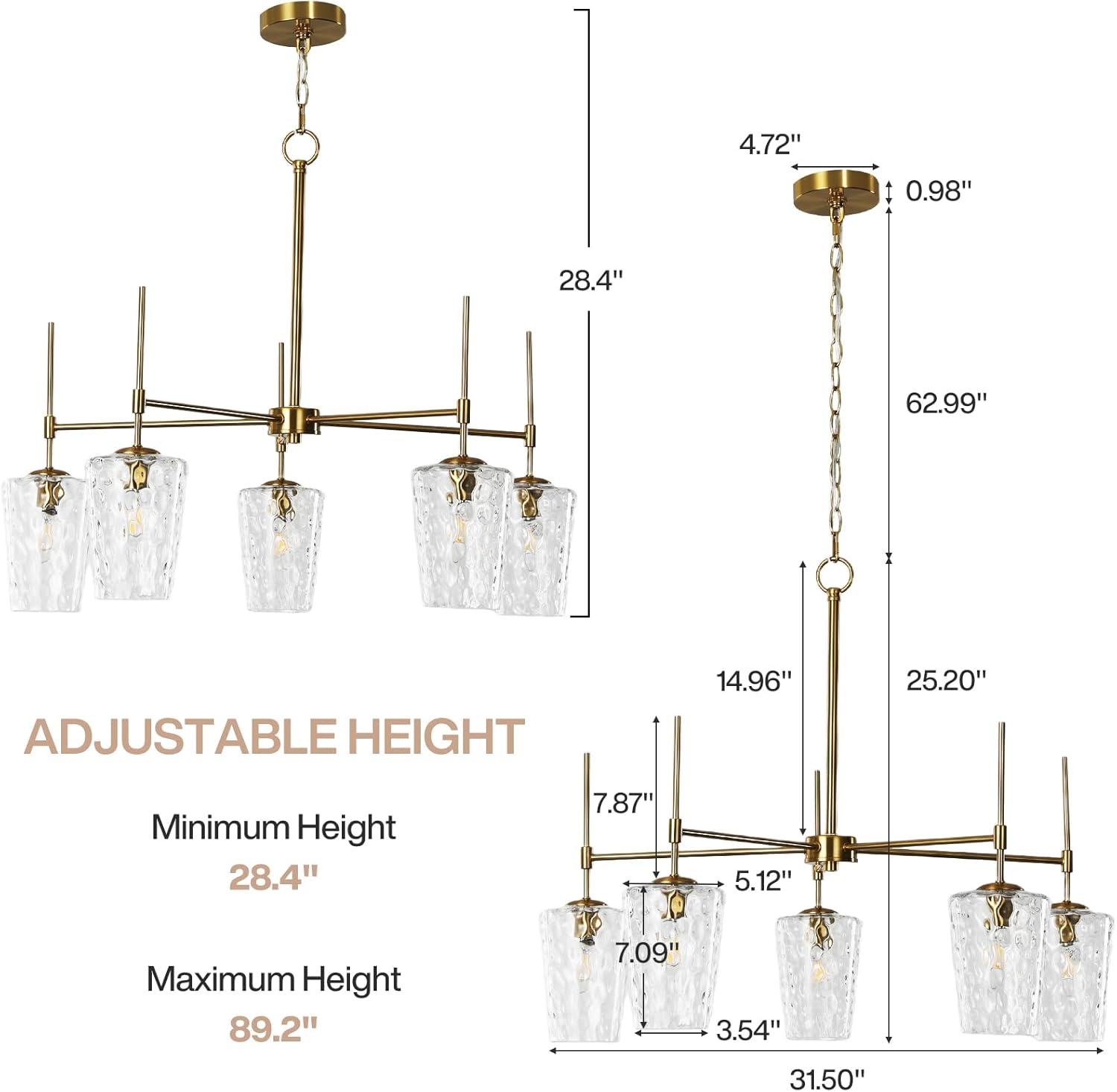 Tribesigns Modern Gold Chandelier with Water Ripple Wine Glass Shades, 5-Light Pendant Light with Adjustable Height for Dining Room, Kitchen Island, Living Room, E12 Base
