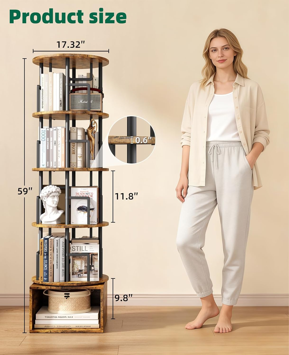 Kalrin 5 Tier Rotating Bookshelf with Extra Storage Cabinet, 360°Spinning Corner Bookshelf, Floor Standing Bookcase for Kids & Adult, Narrow Book Shelf for Bedroom Living Room, Vintage Brown