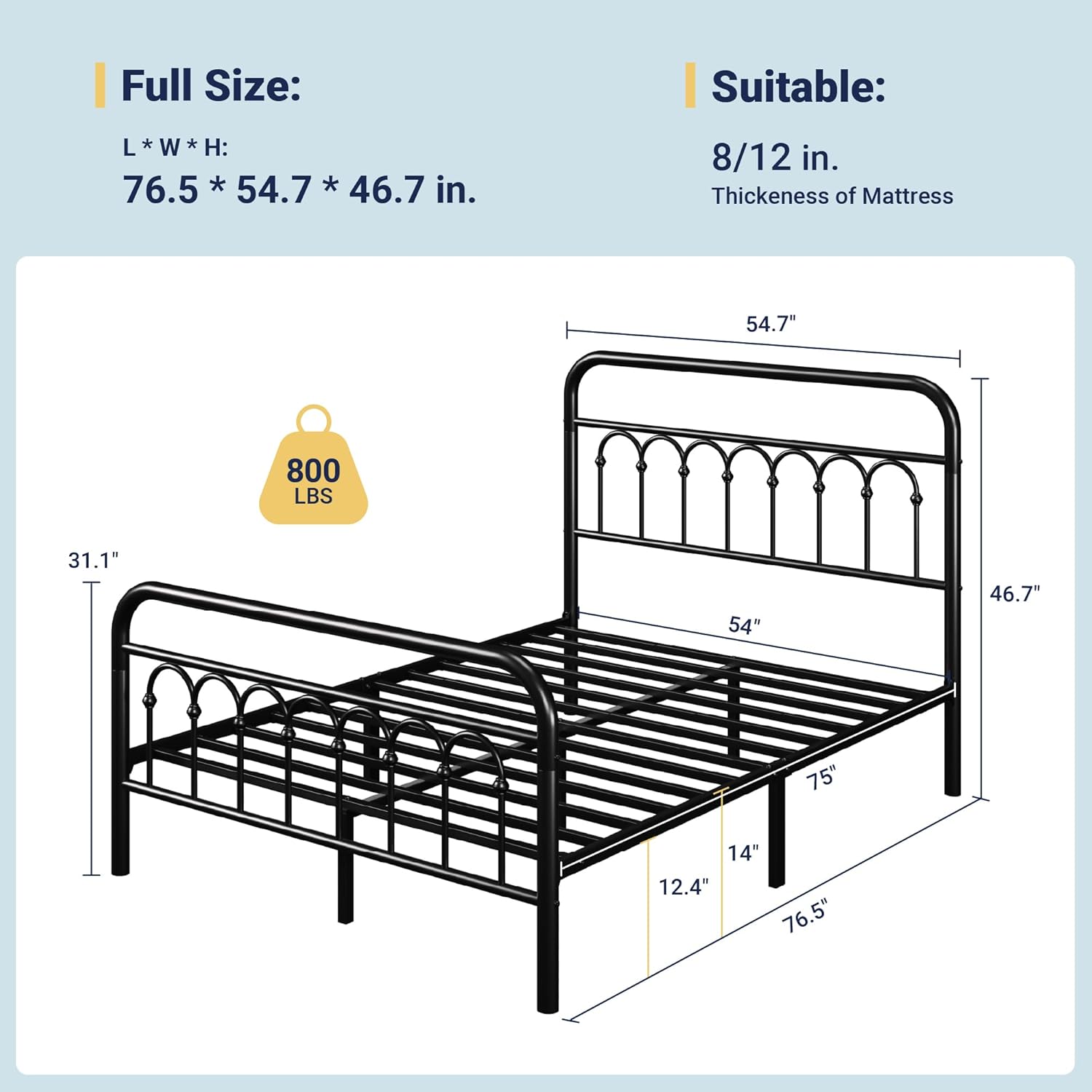 Allewie 14 Inches Full Size Metal Platform Bed Frame with Victorian Style Curved Iron-Art Headboard/Footboard, Metal Slats Support, Easy Assembly, Under Bed Storage, No Box Spring Required, Black