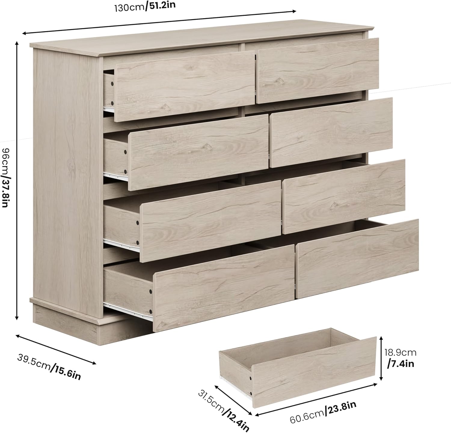 IDEALHOUSE 8 Drawer Dresser, 51” Wide Storage Organizer Chest of Drawers for Bedroom Closet Entryway Hallway Living Room, Large Dressers with Top Surface, Vintage Oak
