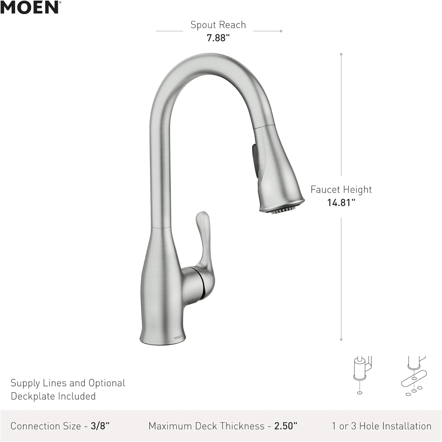 Moen Kaden Spot Resist Stainless One-Handle Transitional Kitchen Pulldown Faucet with Reflex and Power Clean Spray Technology, 87966SRS