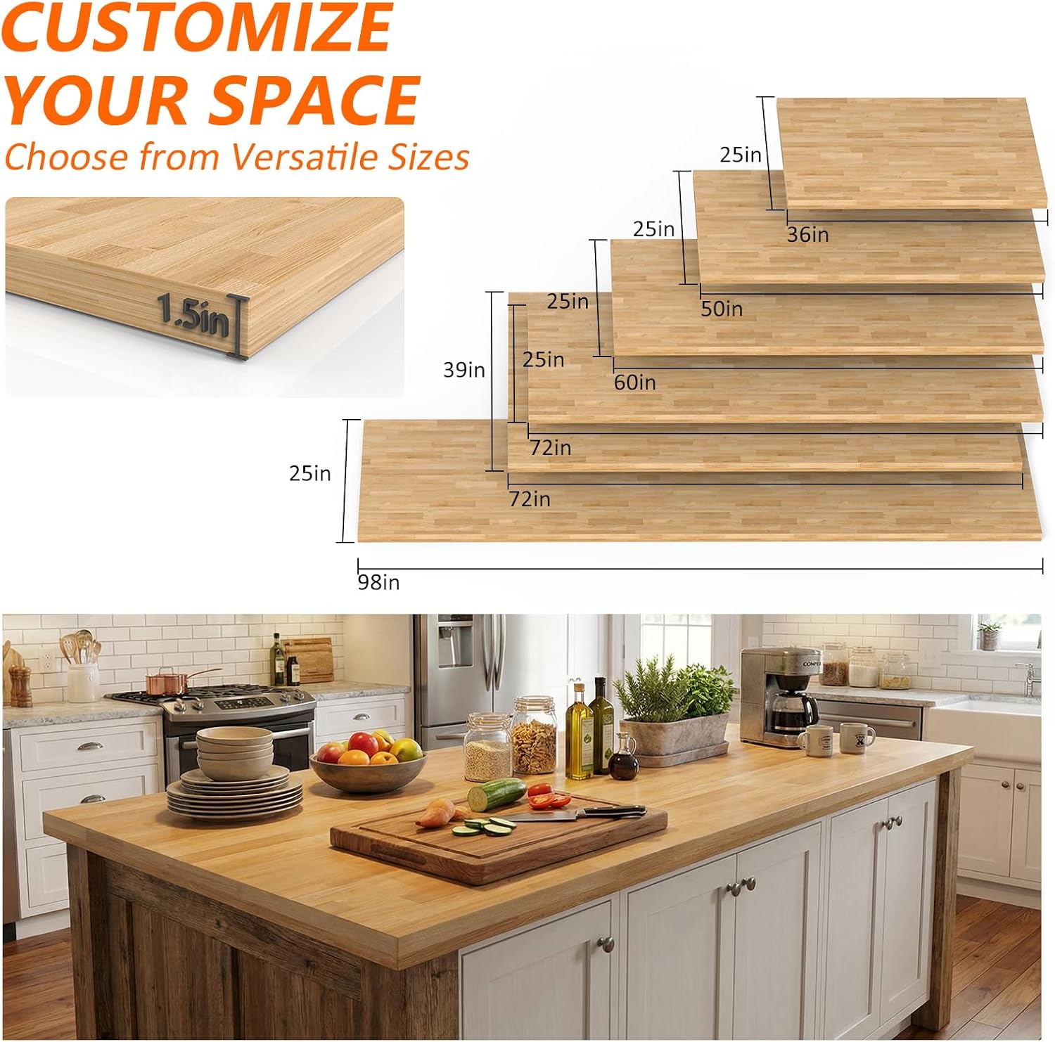 Solid Wood Butcher Block Countertop - 3FT Unfinished Birch Slab Counter Top Wooden Table Top for DIY Kitchen Island, Workbench, Washer Dryer, Coffee Bar Table 3ft, 25