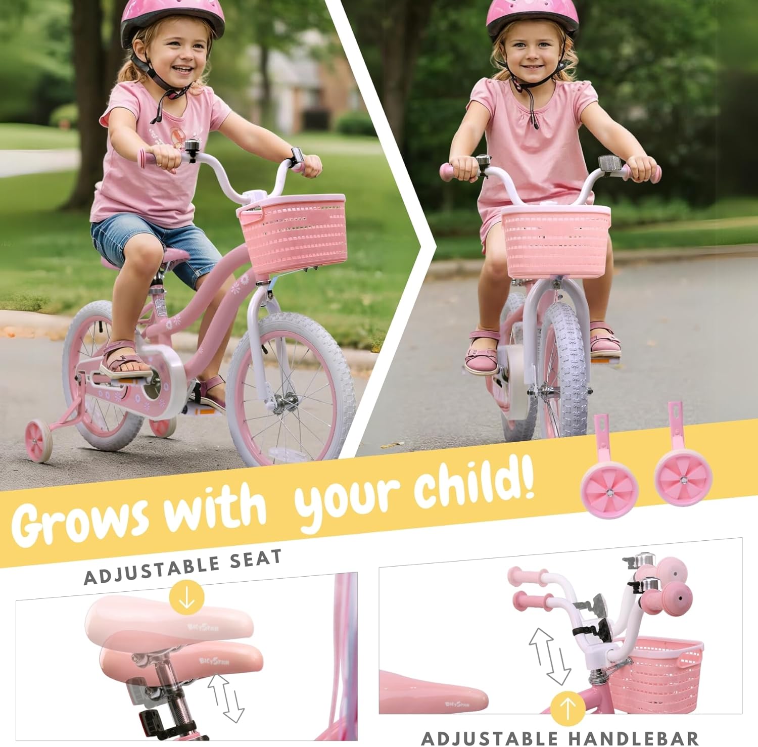 bicystar Girls Bike for Kids Ages 2-5 Years, 12 14 16 18 Inch Kids Bike with Training Wheels, Basket & Streamers, Pink Little Girls Bicycle with Coaster Brake, Birthday Gift