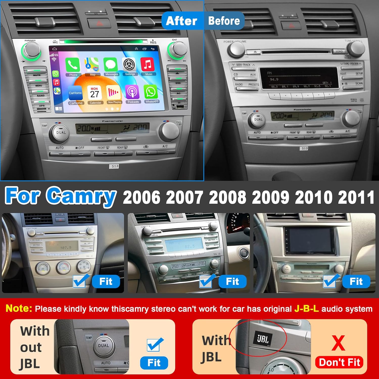 Car Radio for Toyota Camry 2006 2007 2008 2009 2010 2011, 8-inch Touch Screen Car Stereo Support CD/DVD,CarPlay&Android Auto, Bluetooth5.2&Voice Control, Backup Camera& SWC