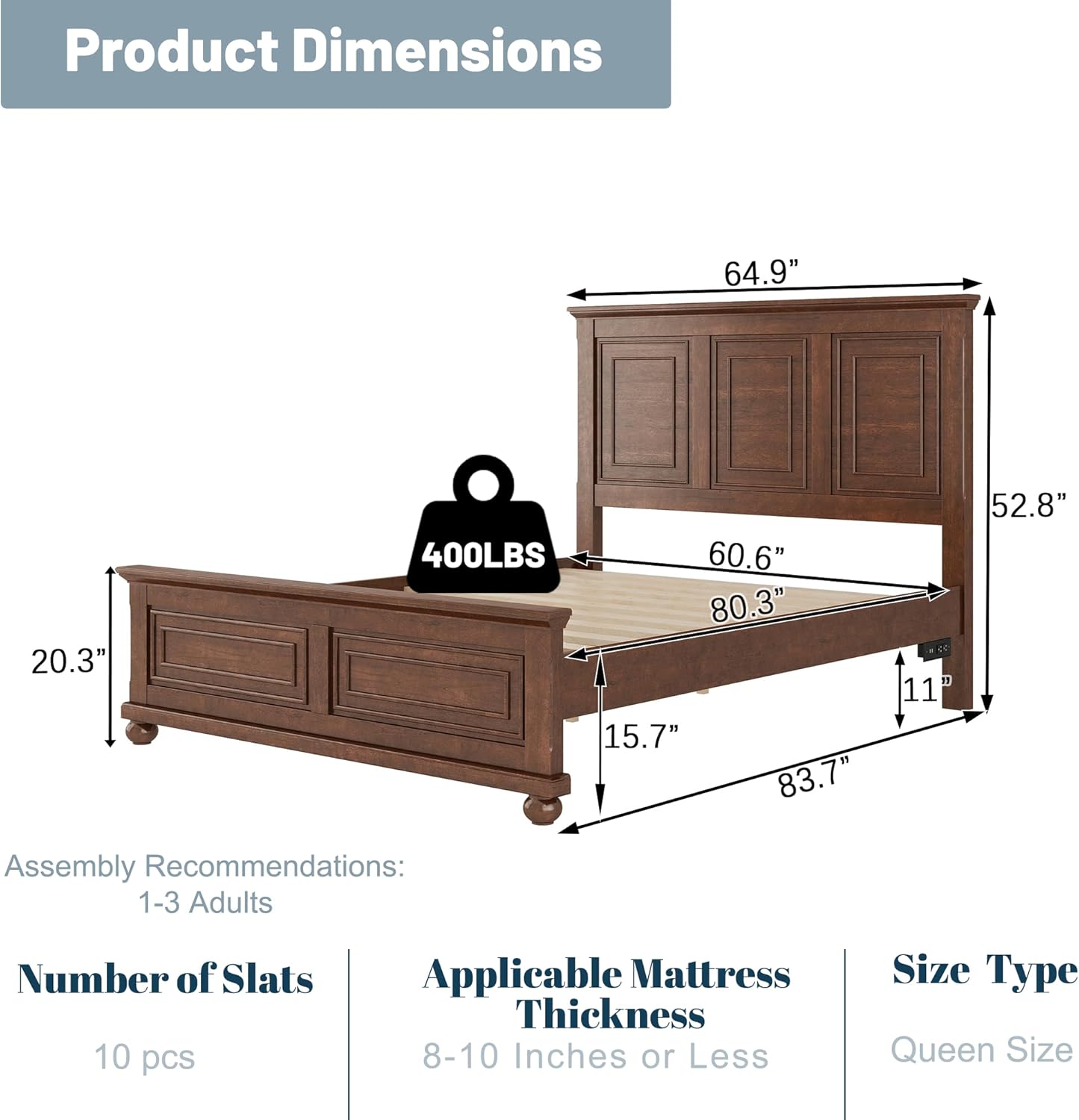 Queen Size Bed Frame Farmhouse Style, Tall Headboard Queen Bed Frame with Footboard, Pinewood Antique Beds, Farmhouse Style, Noise-Free, No Box Spring Needed, Walnut