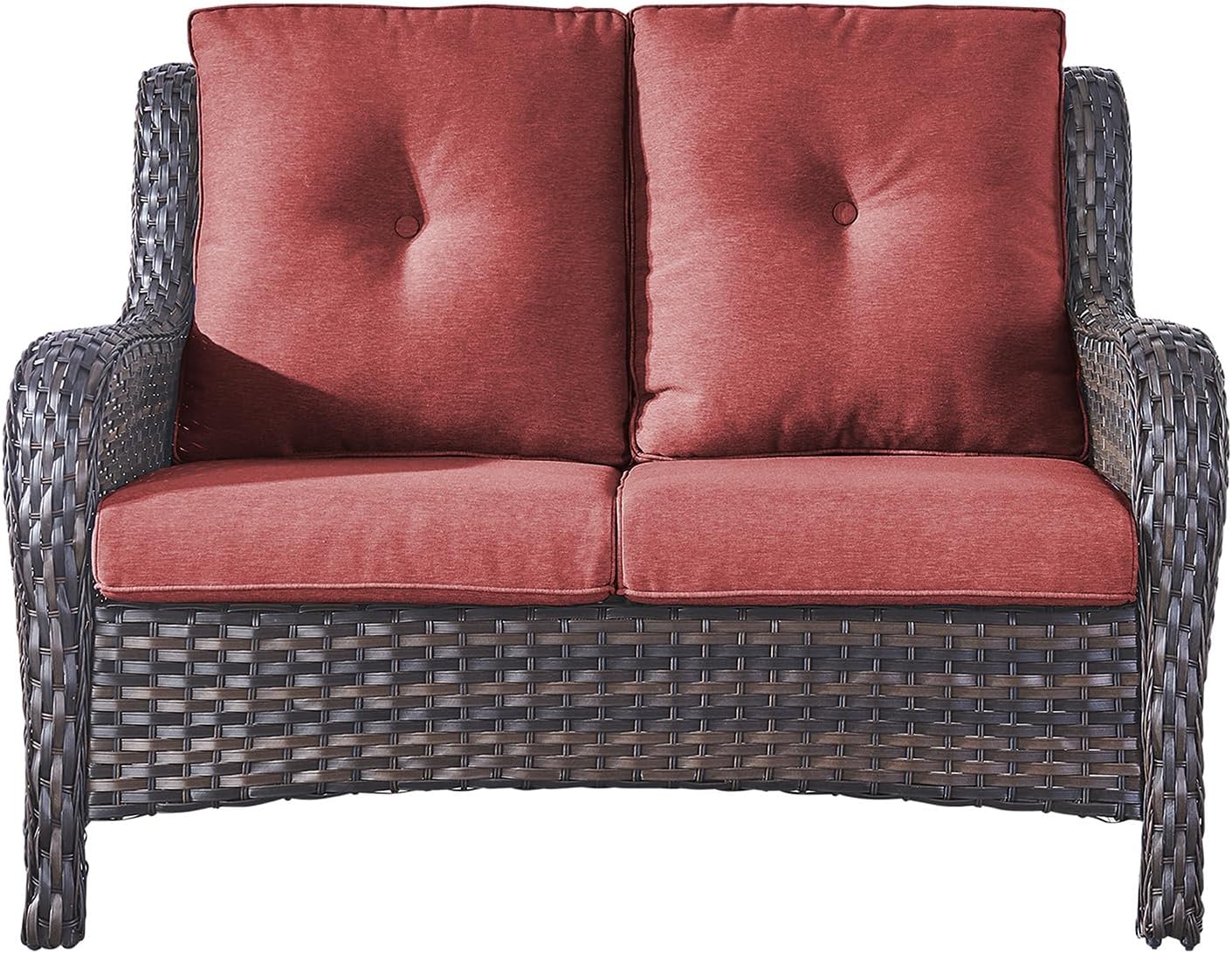 Rilyson Luxury Patio Glider Outdoor Wicker Loveseat, 500 Lbs Weight Capacity Rattan Outdoor 2 seat Sofa Wicker with Deep Seating and Replaceable Cushions for Outside Porch Deck Balcony (Brown/Red)