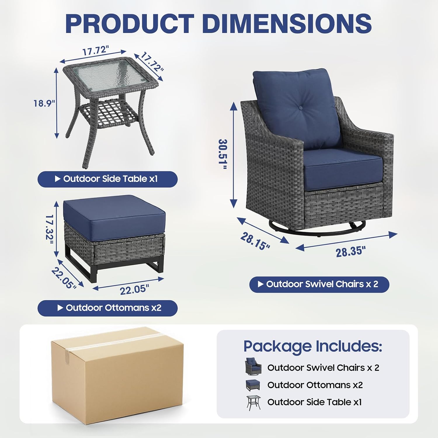 5 Piece Patio Furniture Set,360°Swivel Glider Patio Chairs Set of 2,Side Tale and 2 Ottomans, All-Weather Wicker Patio Set Comfortable Seating with 6 Inch Thick Cushions for Balcony Garden