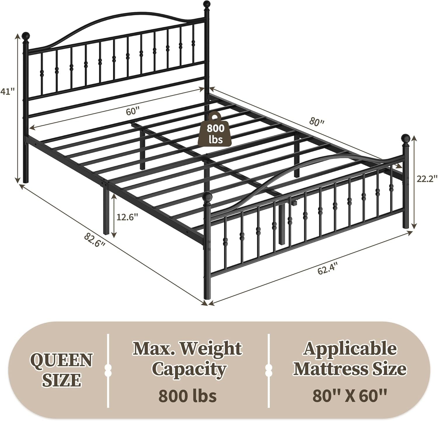 Garvee Queen Size Metal Bed Frame, Vintage Circular Headboard & Footboard, Heavy-Duty Iron Platform Bed (No Box Spring), Noise-Free Design, Easy Assembly, Black Finish