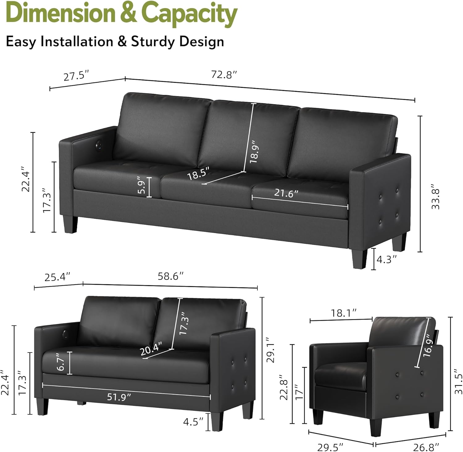STHOUYN Black Faux Leather 3 Seater Sofa, Loveseat and Accent Chair, Modern Comfy Office Furniture Set, Small Love Seat Couch with Tufted Armrest and USB, 3 Pieces Living Room Furniture Sets (3+2+1)