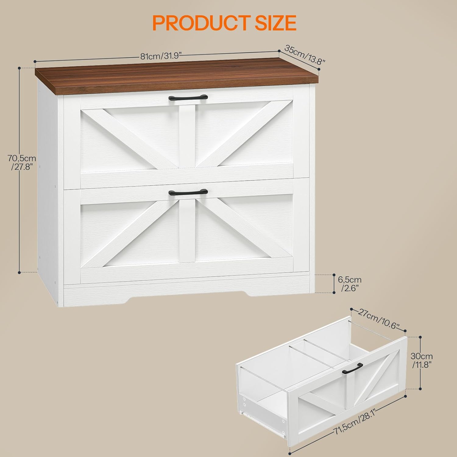 HOOBRO 2 Drawer File Cabinet, Farmhouse Lateral Filing Cabinet for Letter/A4/Legal Size, Large Wooden Office Storage Cabinet, Printer Stand for Home Office, White and Walnut WH48WJ01