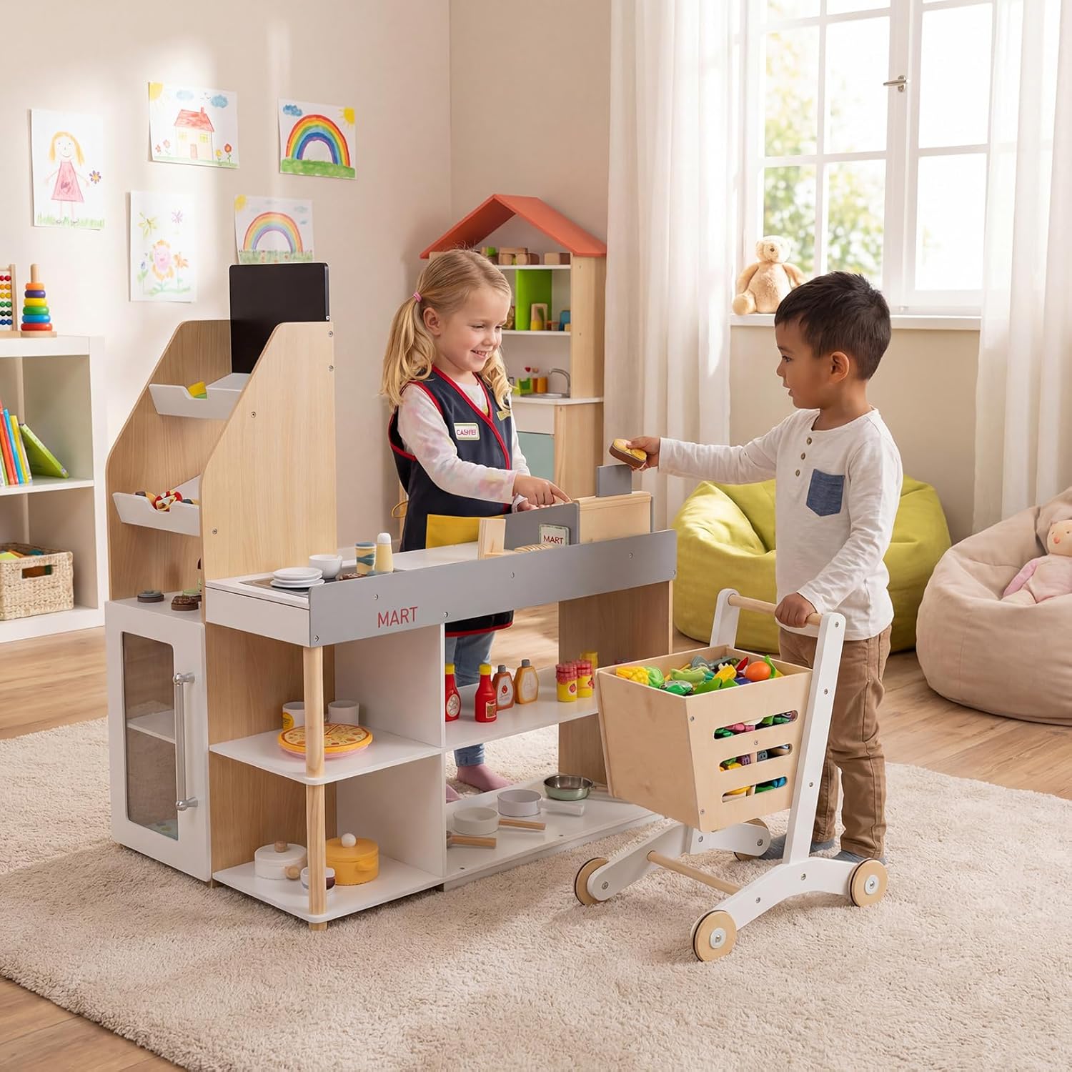 HONEY JOY Kids Grocery Store Playset, Wooden Grocery Store Pretend Play w/Cart, Cash Register Stand w/Coins, Chalkboard, Toddler Supermarket Play Toy for Boys Girls(Play Food Not Included)