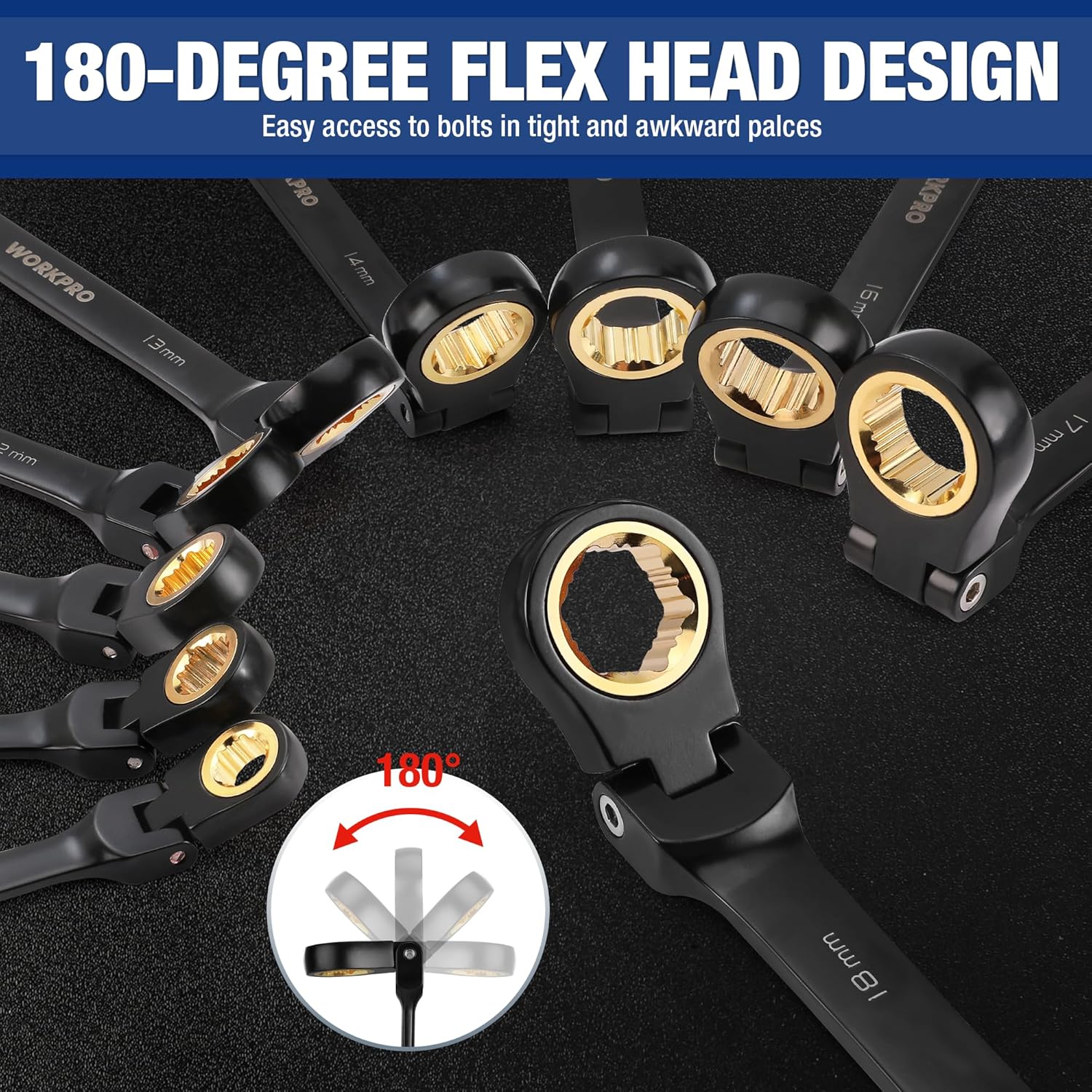 WORKPRO 22-piece Ratcheting Wrench Set with 180° Flex Head, Anti-Slip Tooth, Combination Wrench Sets with Organizer Box, Metric 6-18mm & SAE 1/4-3/4