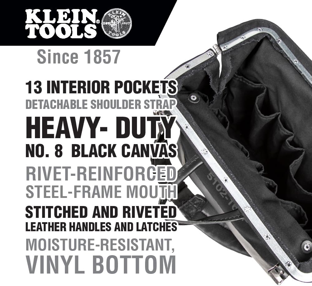 Klein Tools 510216SPBLK Tool Bag, Large 16-Inch Deluxe Canvas Tool Bag and Organizer with 13 Pockets and Shoulder Strap, Black