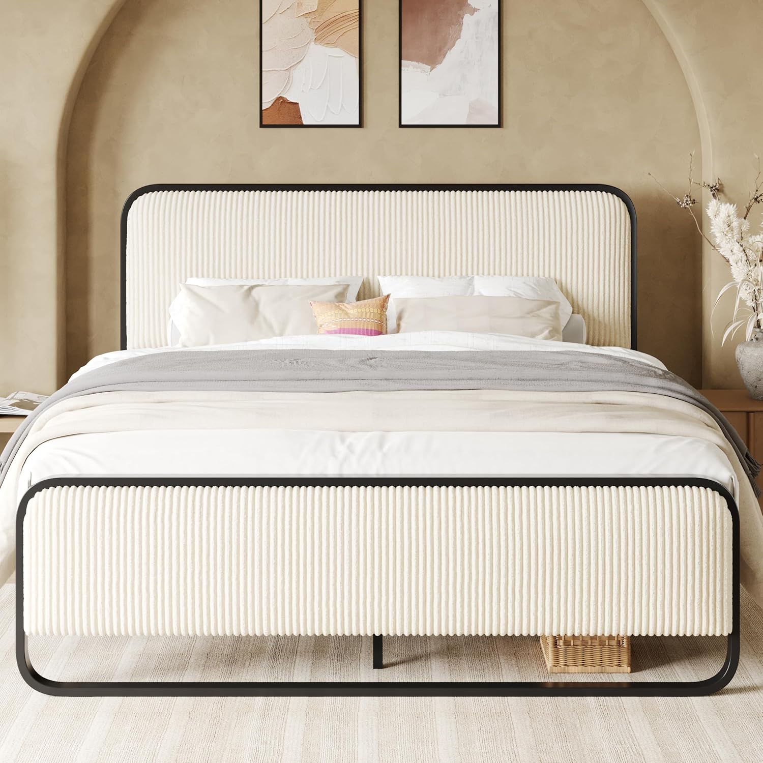 Allewie Queen Size Metal Bed Frame with Curved Corduroy Upholstered Headboard and Footboard, Platform Bed Frame with 12.4