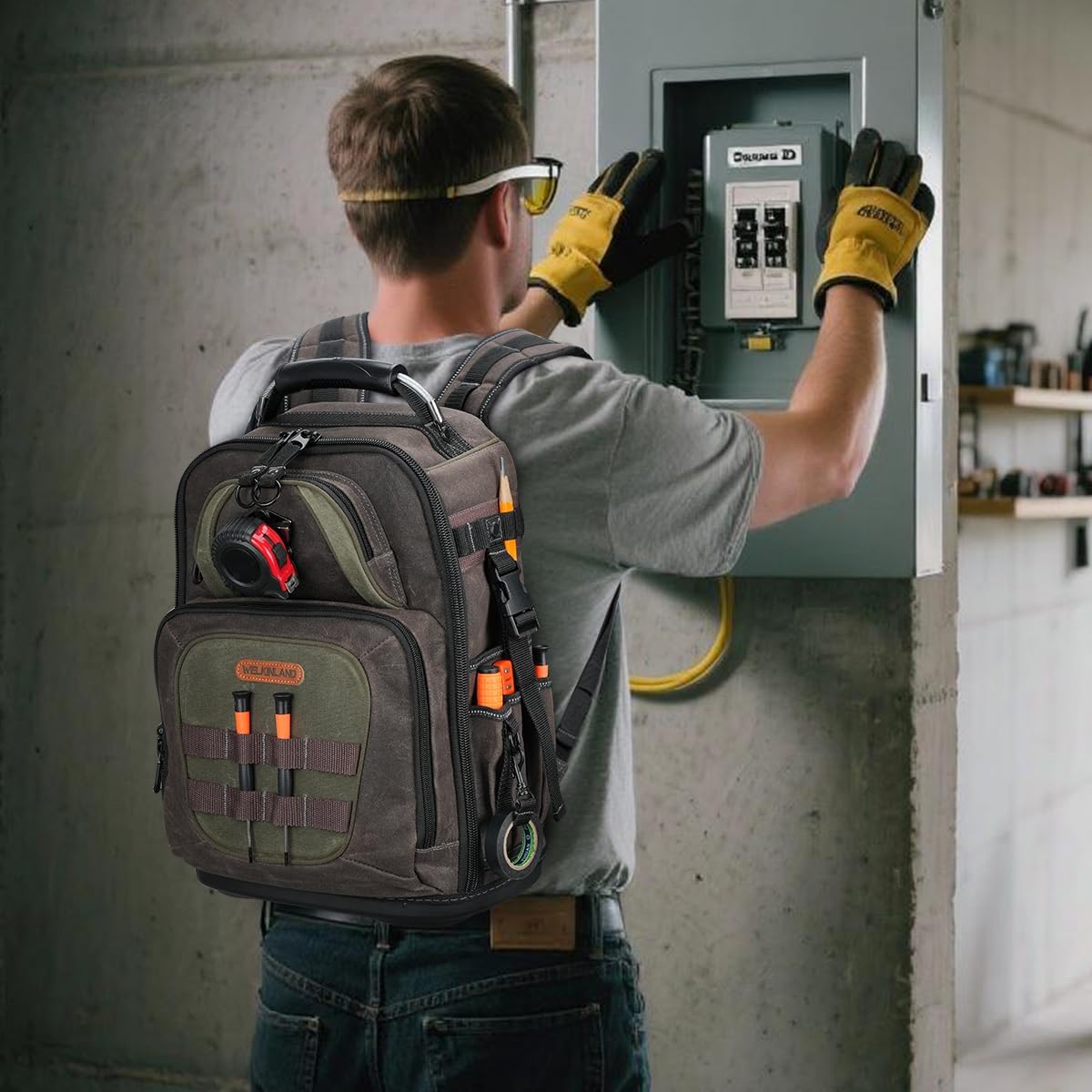 WELKINLAND 36-Pockets Electrician Backpack, Hard-Based HVAC Backpacks, Waxed-Canvas Technician Backpack, Heavy-Duty Tool Backpacks For Men