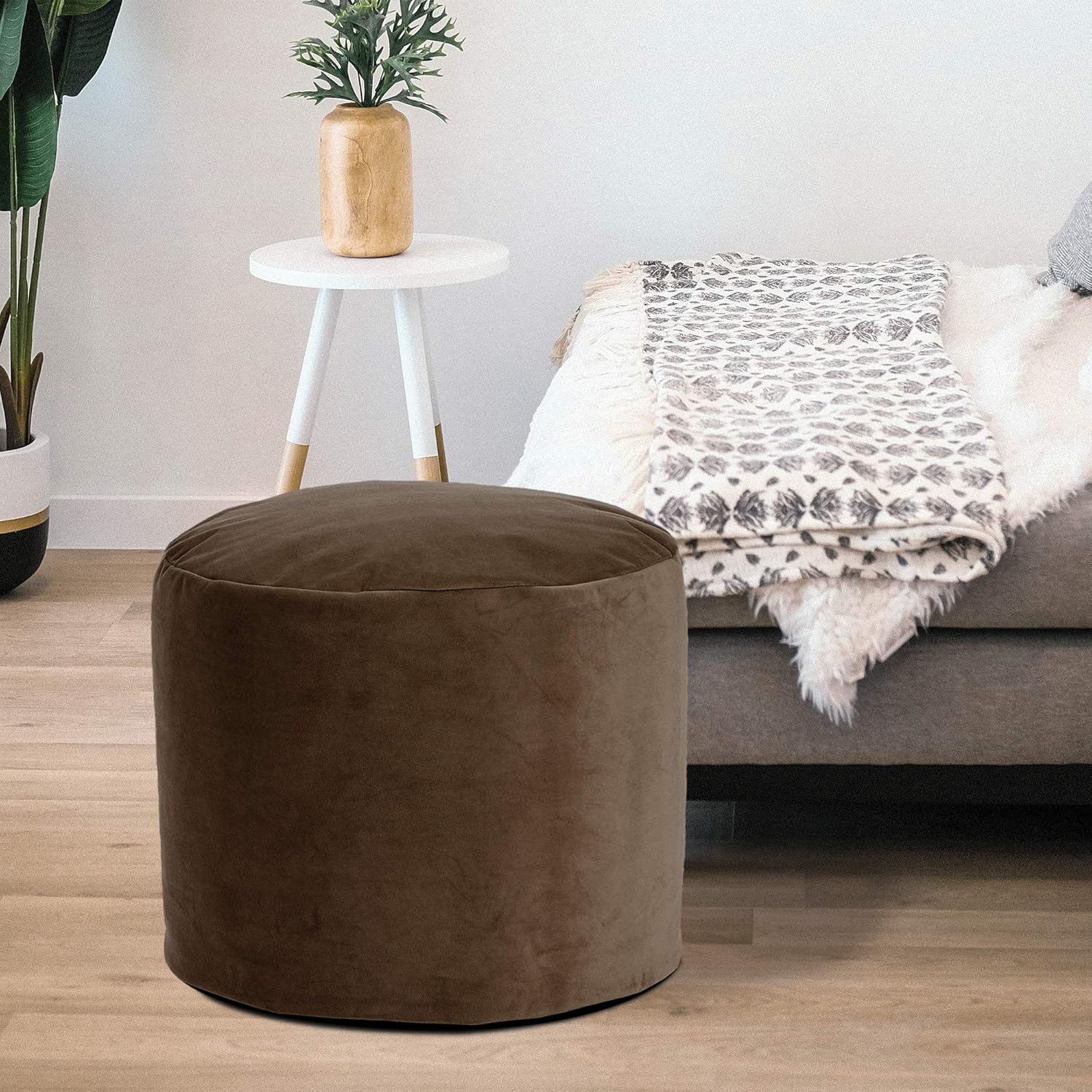 Howard Elliott Collection Tall Round Pouf Ottoman Foot Rest With Cover, Round Stuffed Filled Foot Stool, Fluffy Comfortable Soft Seating for Living Room & Bedroom, 22 x 22 x 18 Inch, Bella Chocolate