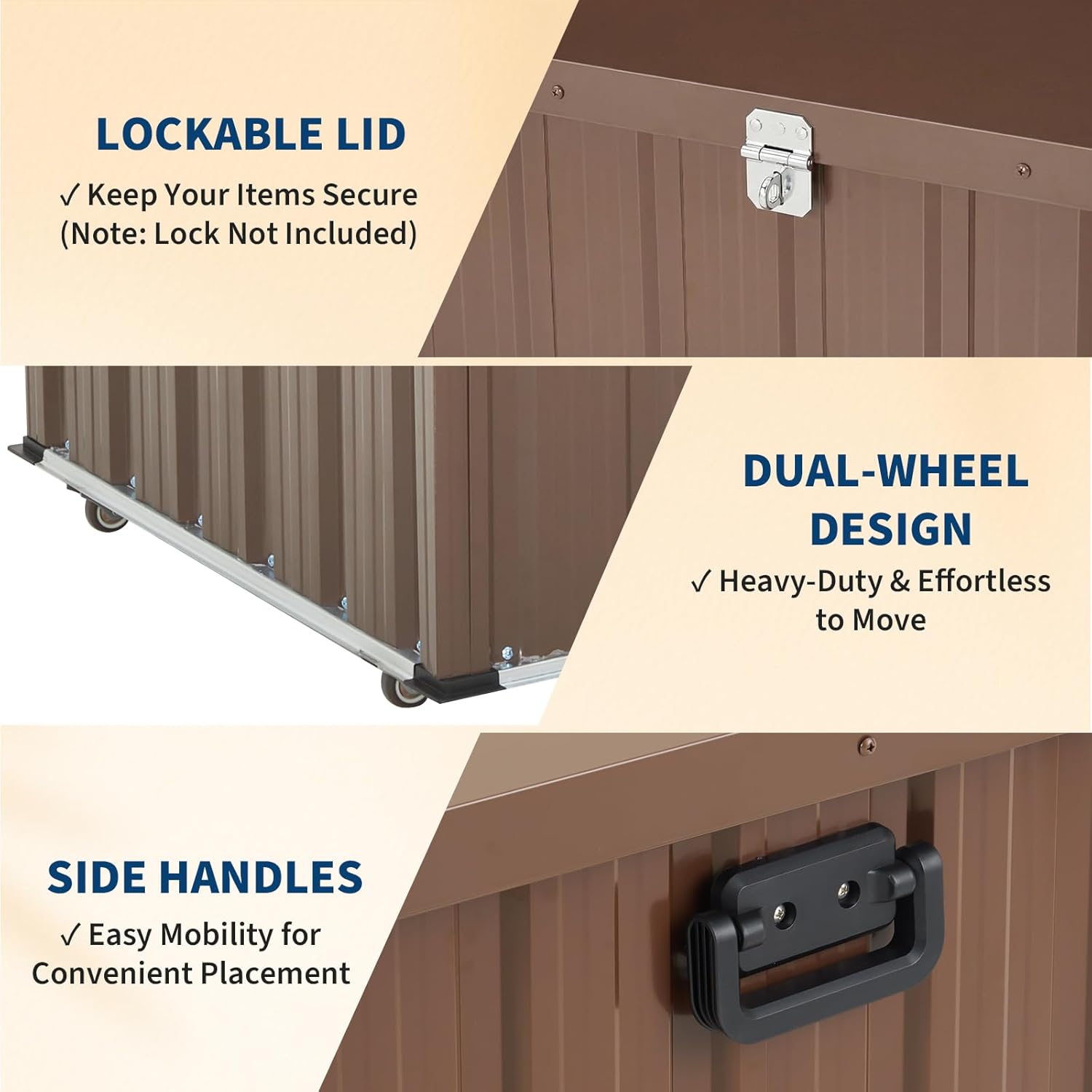 Metal Deck Box 150 Gallon Waterproof Patio Storage Container, Metal Outdoor Storage Box with 0.6 mm Galvanized Steel and 0.3 mm Coated Steel Panels, Large Bin with Wheels for Deck, Porch, Pools